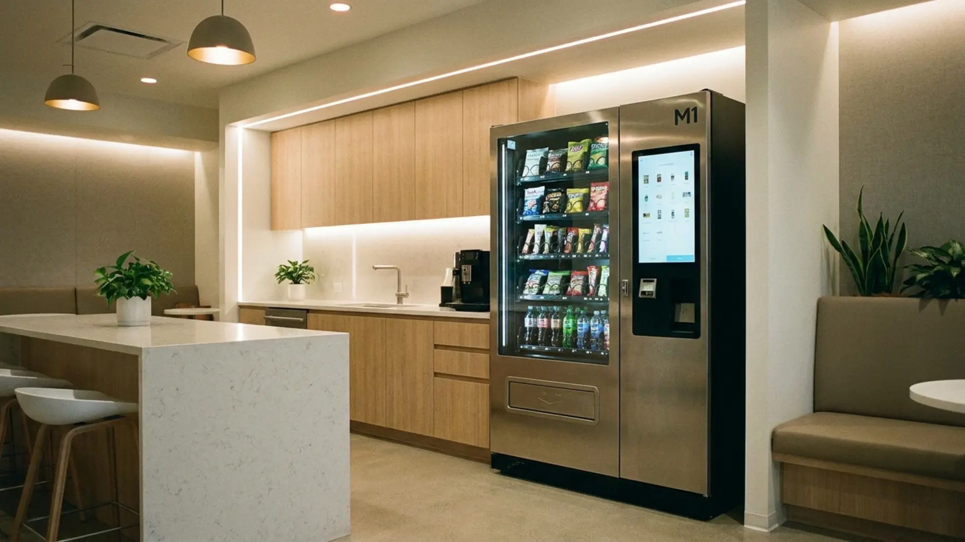 Modern M1 vending machine available for rent in a corporate office breakroom
