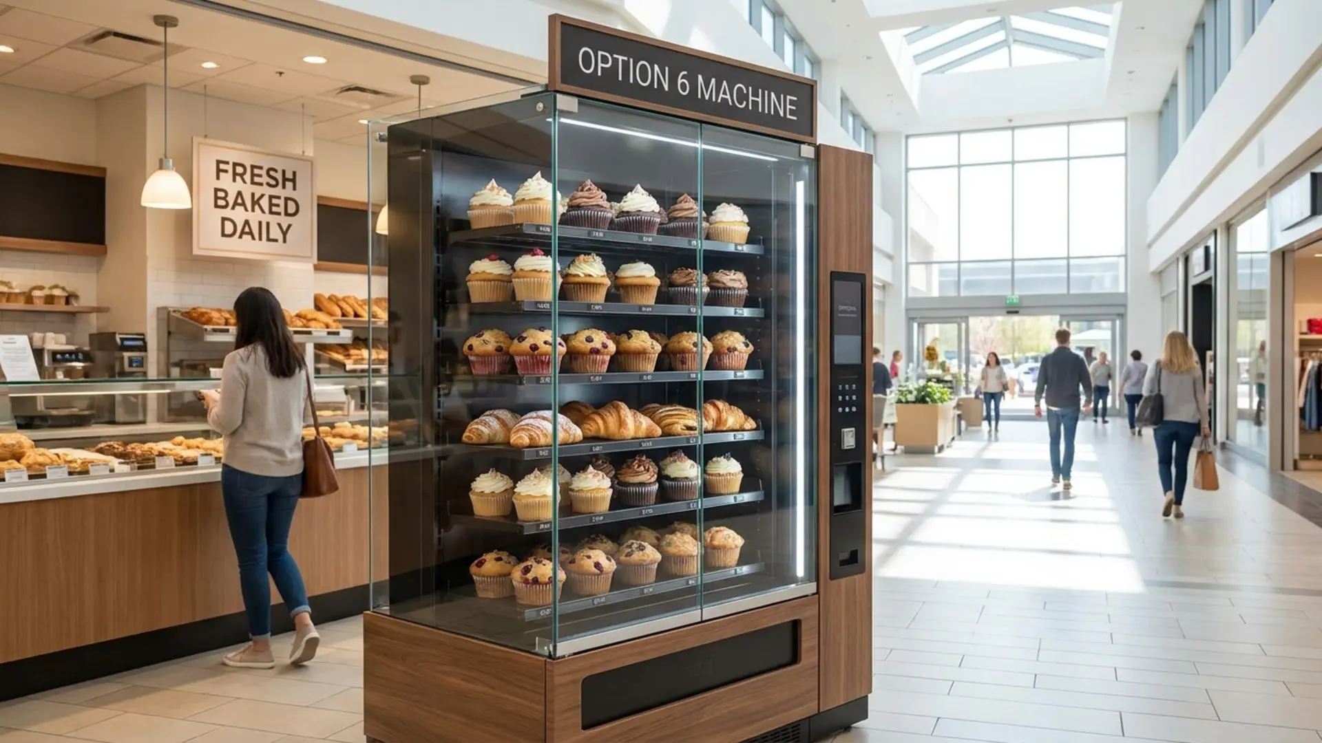 Cupcake vending machine in a premium retail setting with fresh bakery products visible behind glass