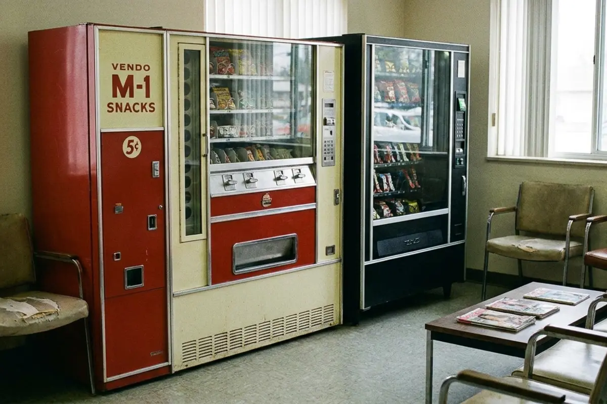 Older traditional vending machine beside a newer smart vending machine