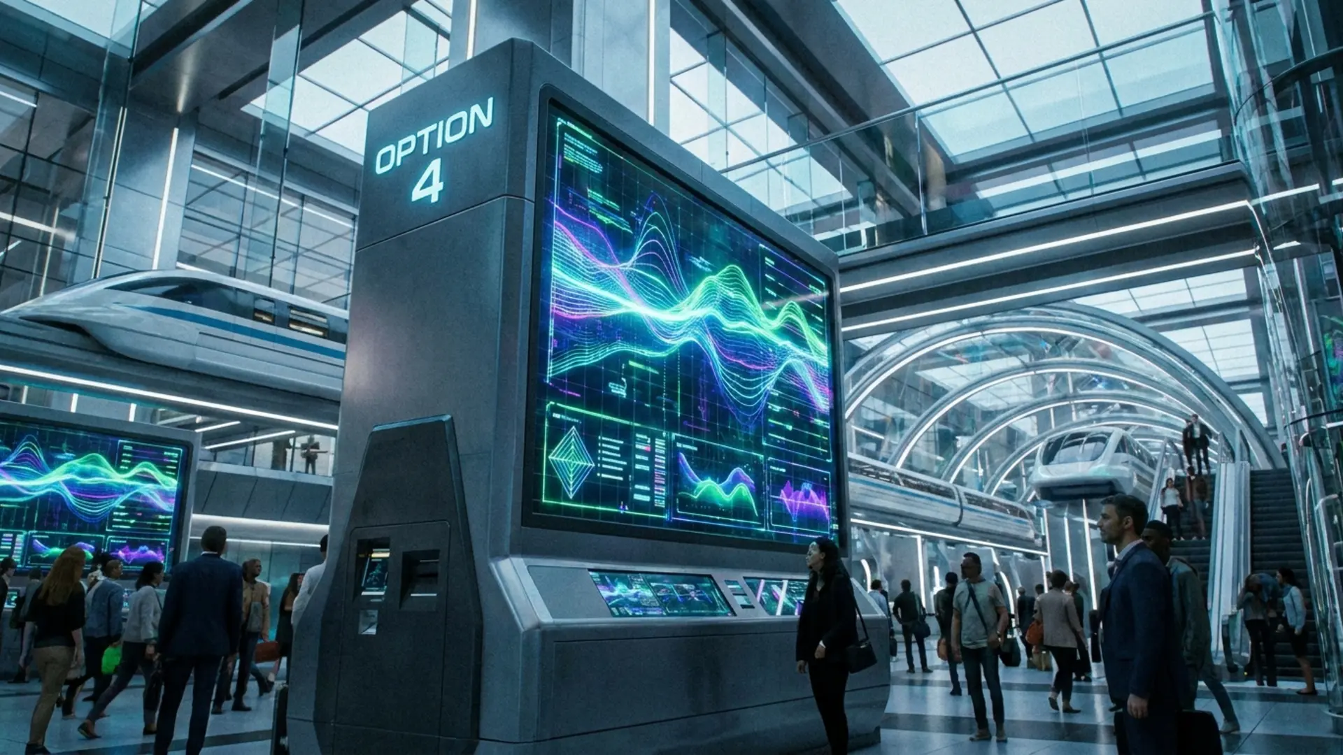 High-tech digital vending machine with a large touchscreen in a modern transit hub