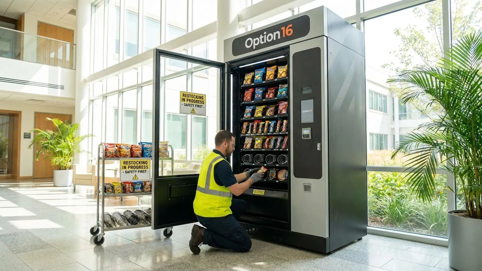 Operator restocking the internal shelves of an open Option 16 vending machine