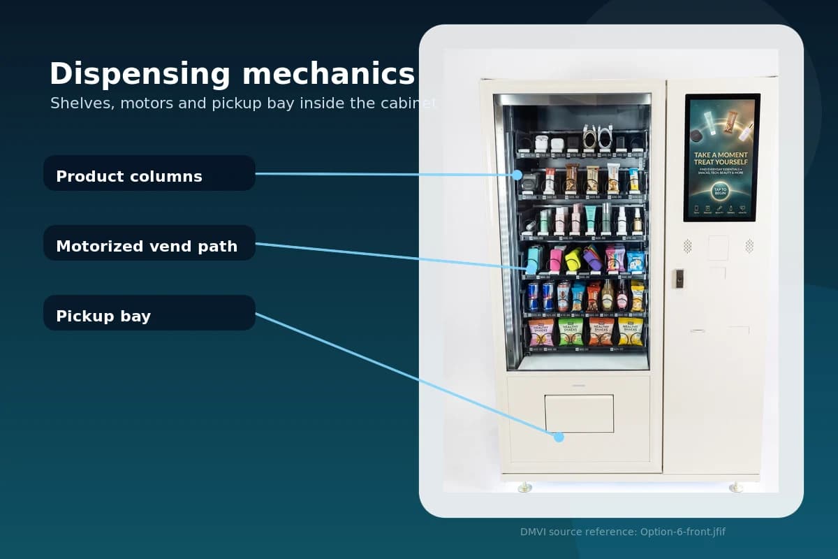 Vending machine stocked with mixed products showing product columns and pickup bay