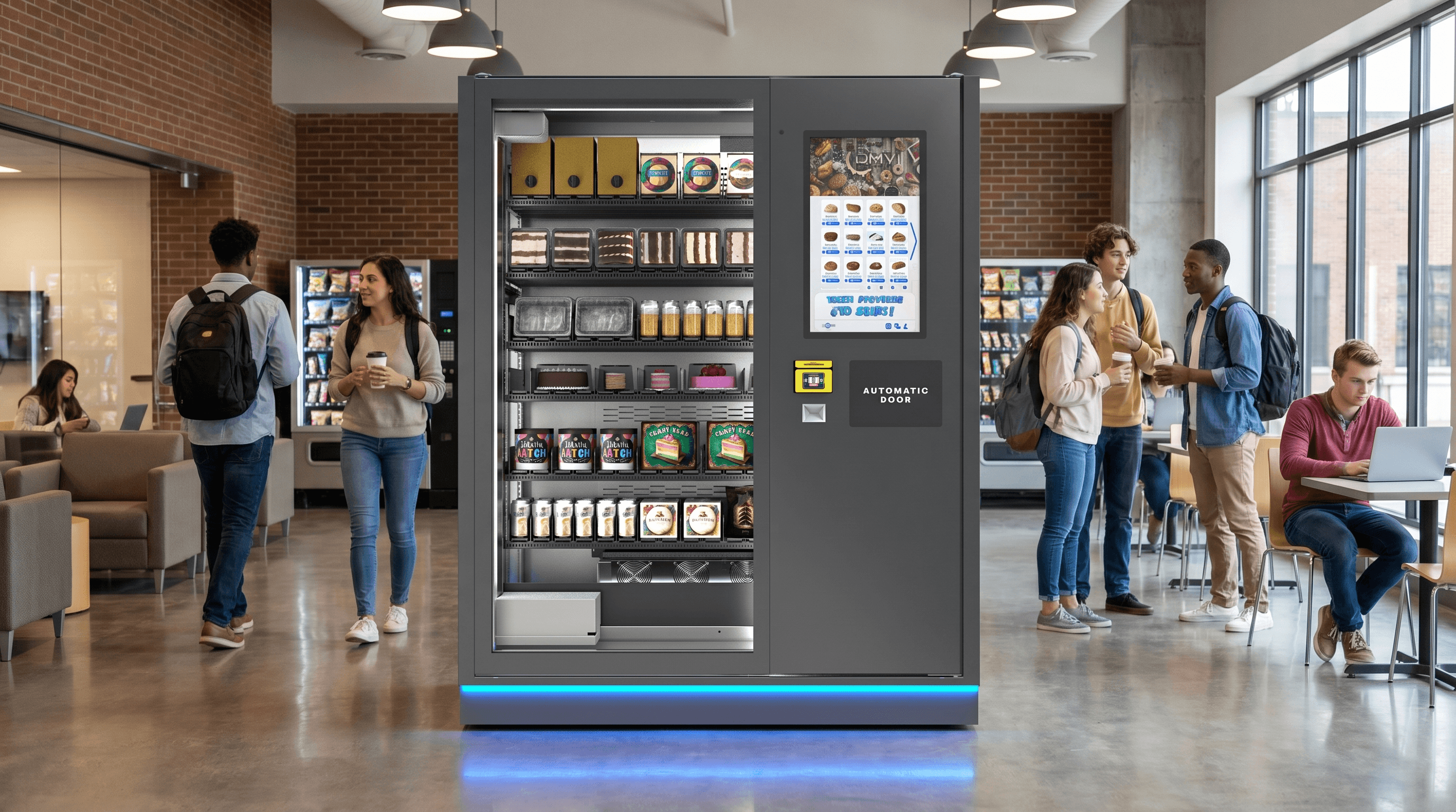 Large M5 pop vending machine in a cafeteria showing its depth and dimensions