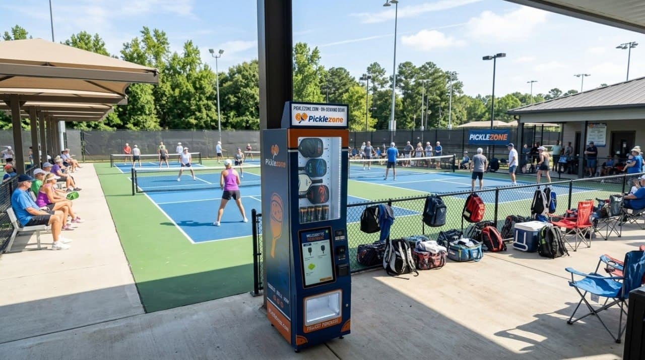 Pickleball vending machine deployed beside active pickleball courts