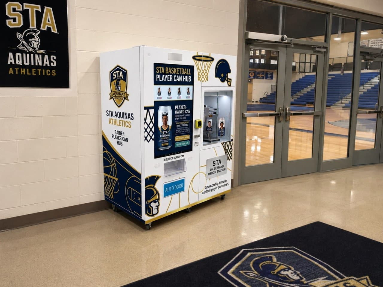 School spirit custom player can machine installed in an athletics venue