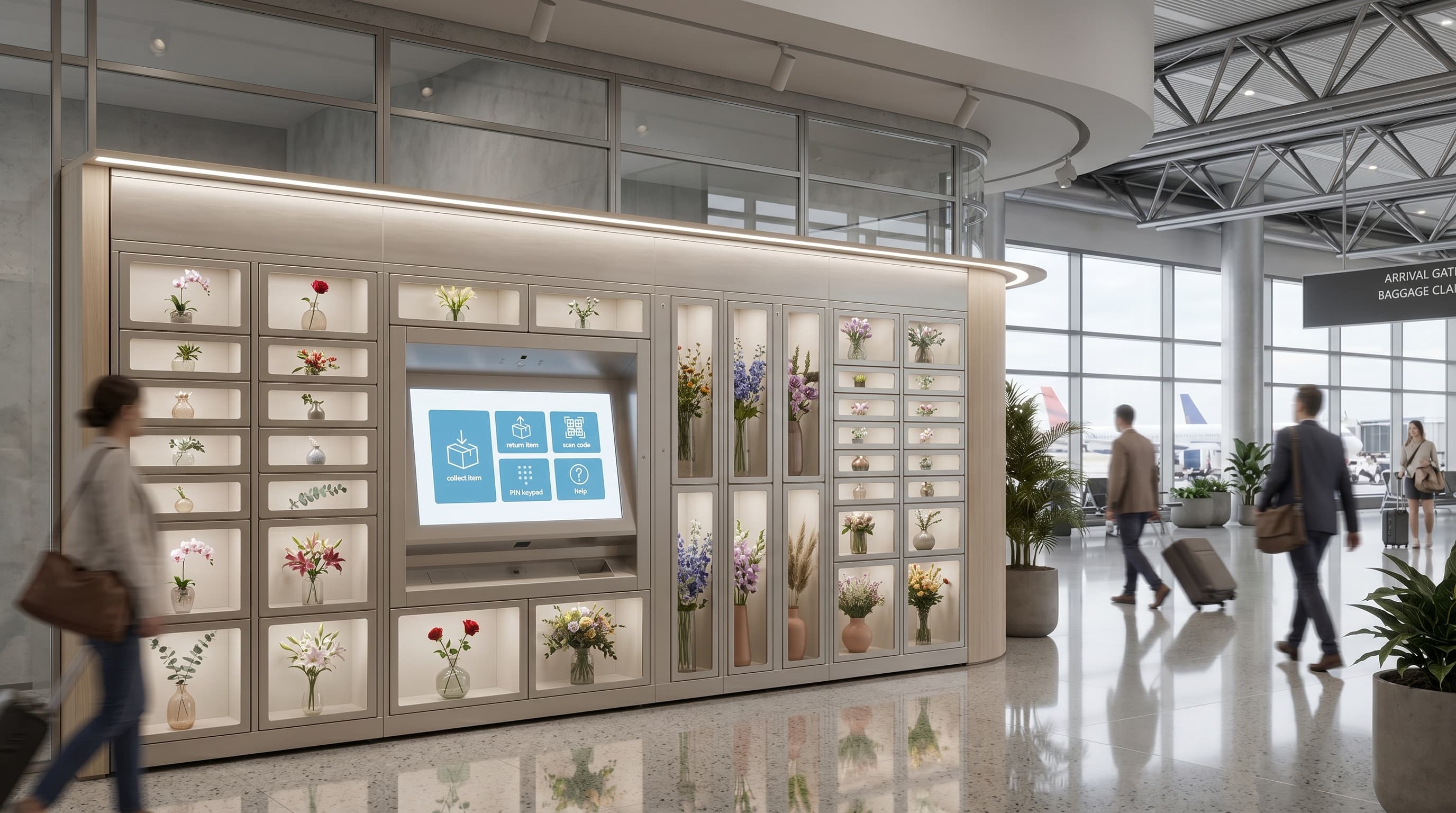 Locker vending system in an airport arrivals hall with floral displays inside the locker windows