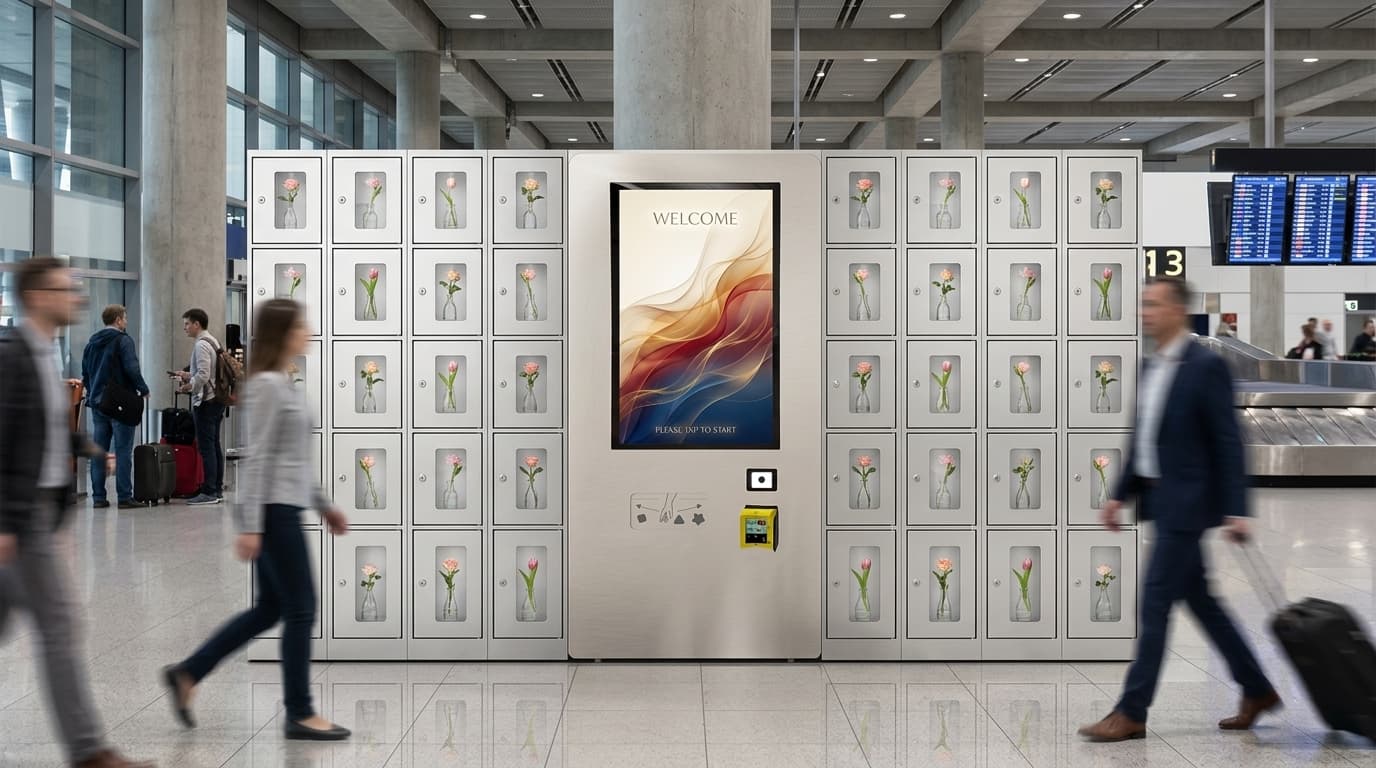 Locker vending system in an airport arrivals hall with one vase visible in each locker door window