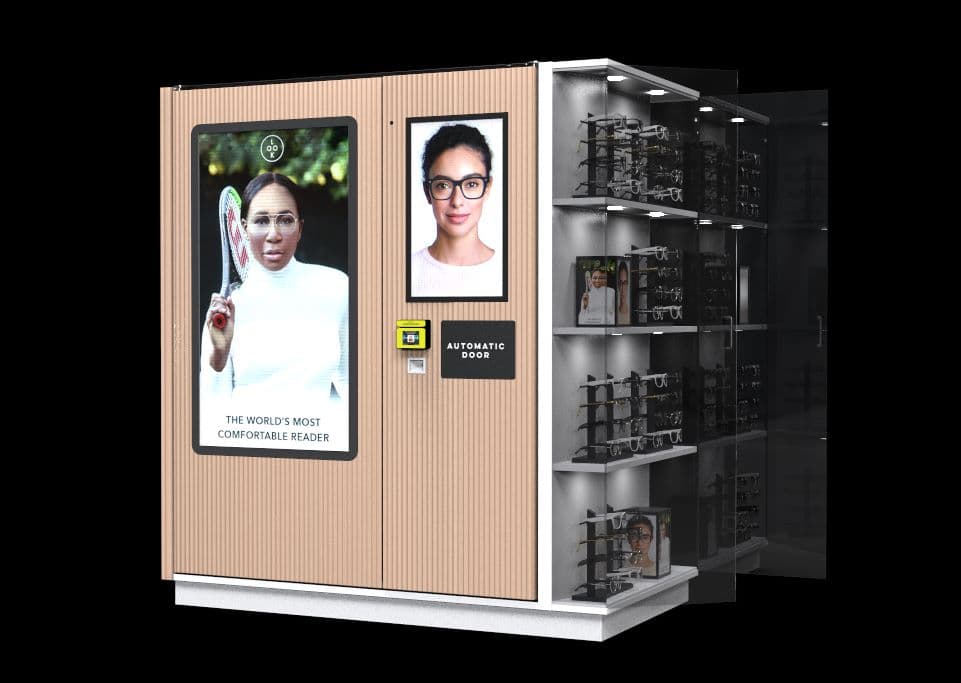 Angled DMVI M-Series autonomous retail render with shopper-facing digital presentation