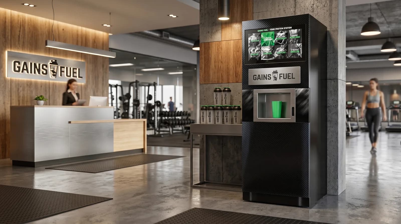 Protein shake vending machine with touchscreen interface