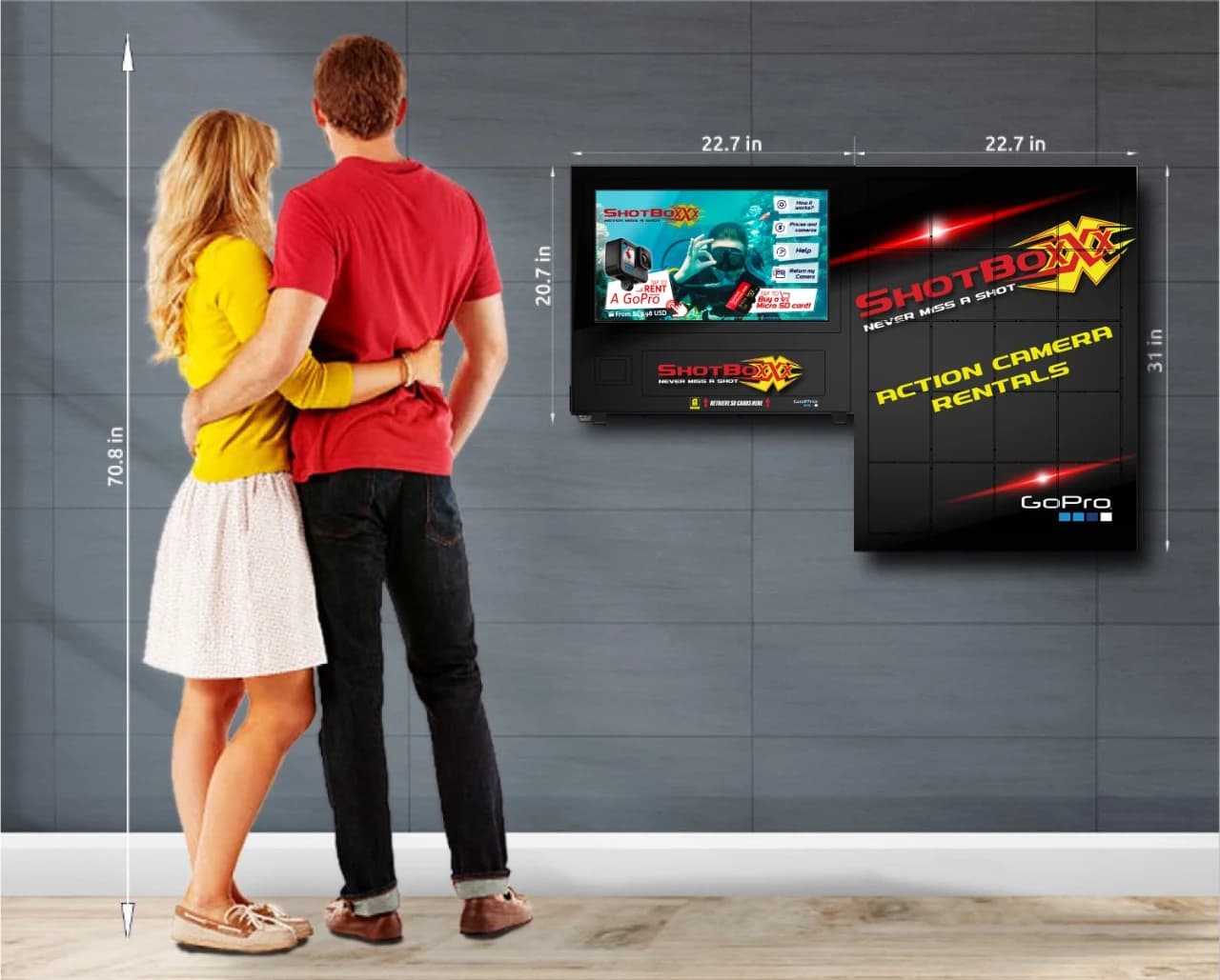Shotboxxx action camera rental kiosk wall-mounted hero image
