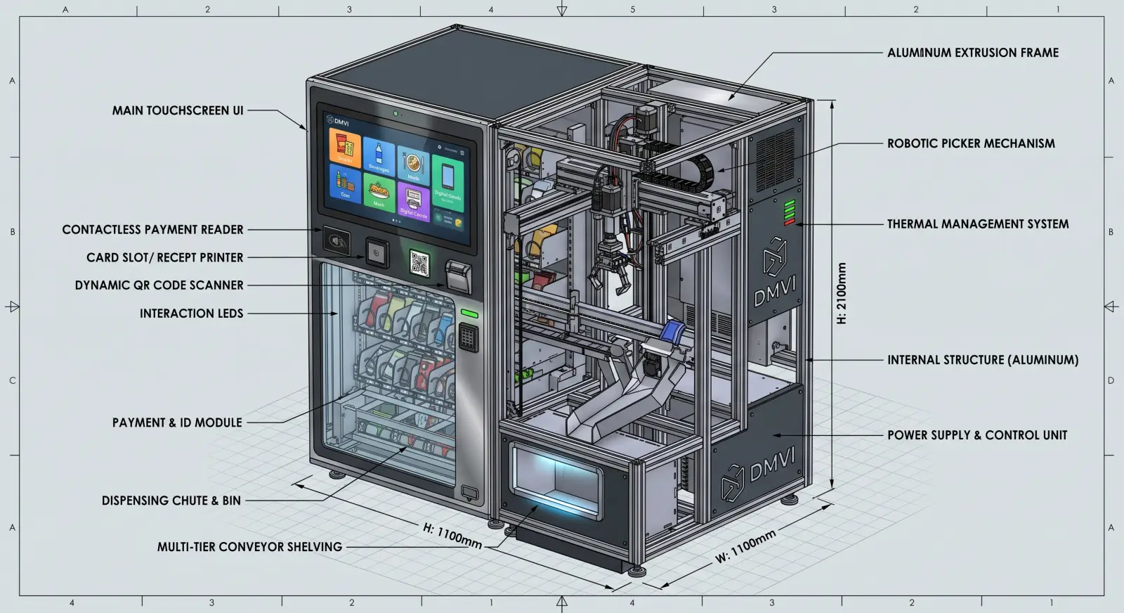 Blueprint-style CAD render of a DMVI custom smart vending machine concept