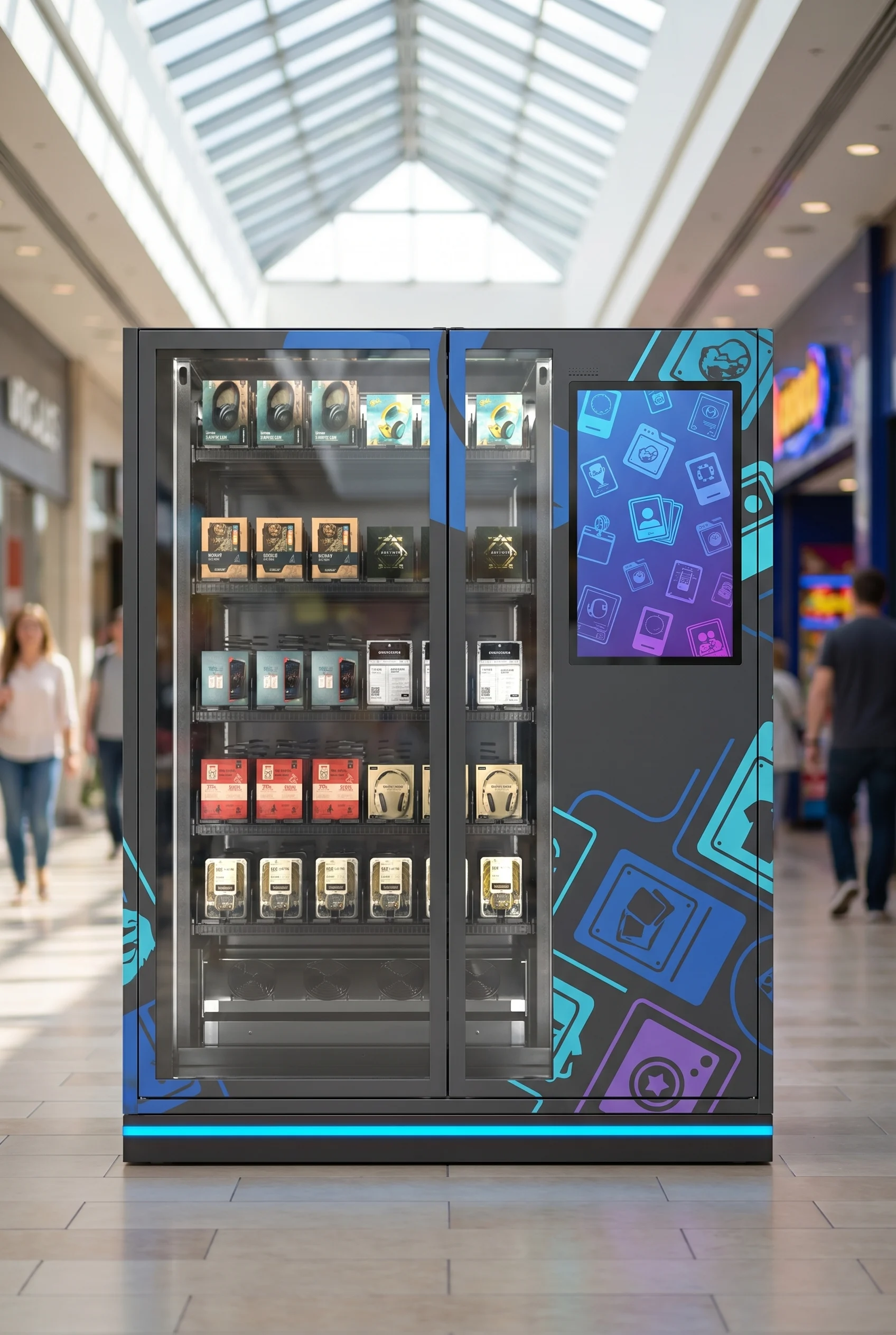 Portrait toy and collectible vending machine image in a hotel family zone for the stronger per-vend economics section