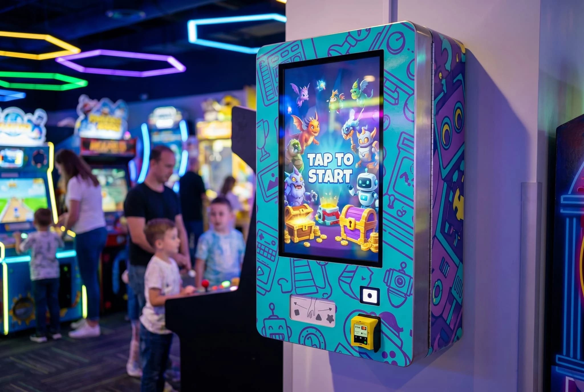 Toy and collectible vending machine hero image in a theme park retail corridor