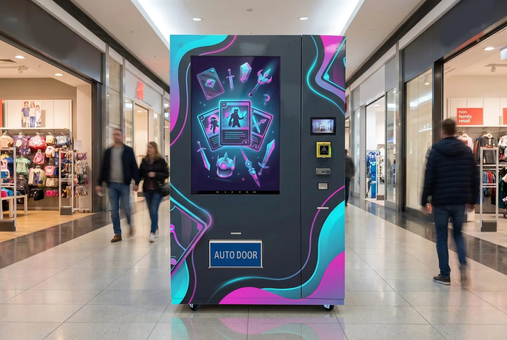 Toy and collectible vending machine hero image in a trampoline center entrance