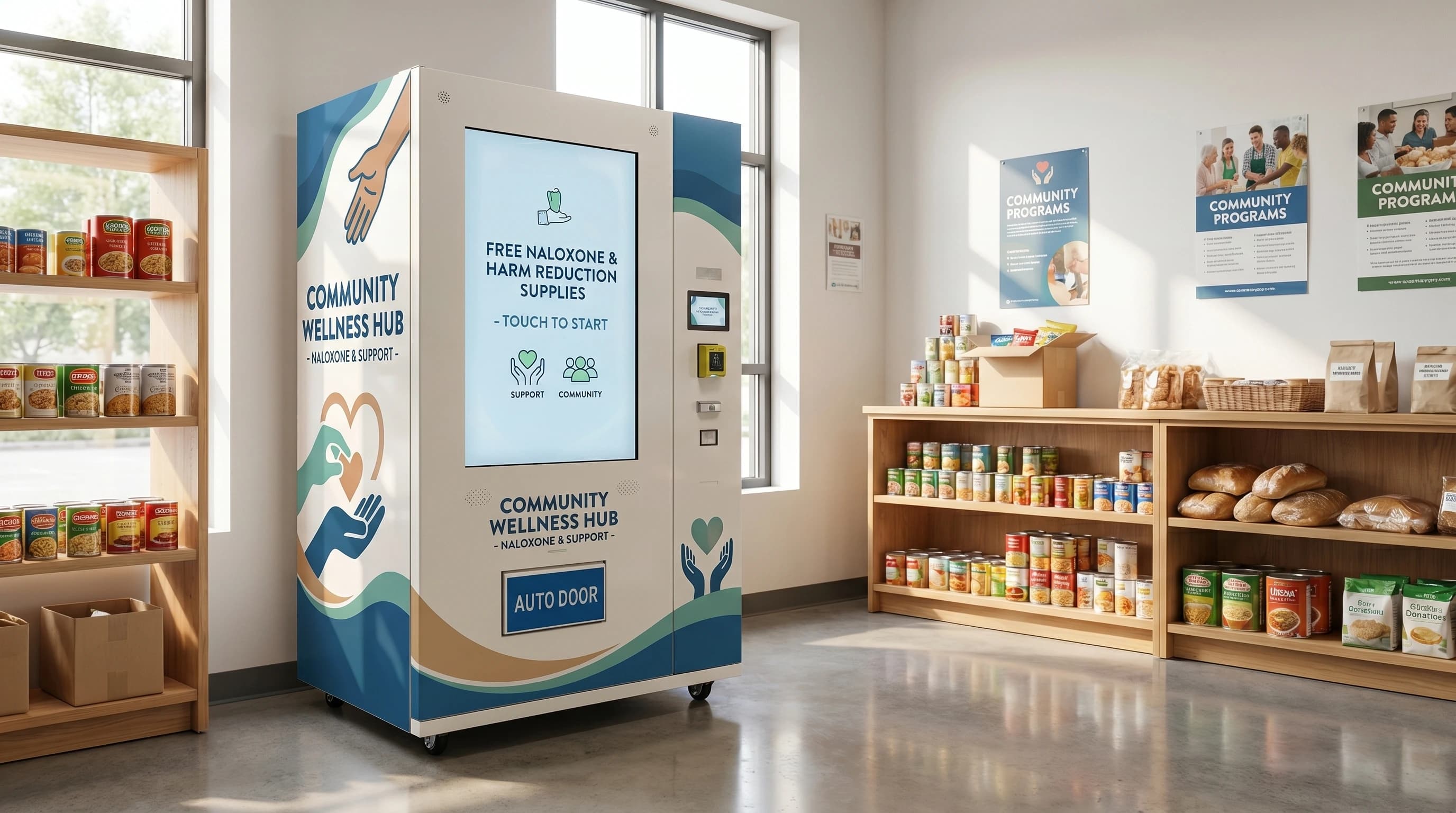Harm reduction vending machine in a food bank
