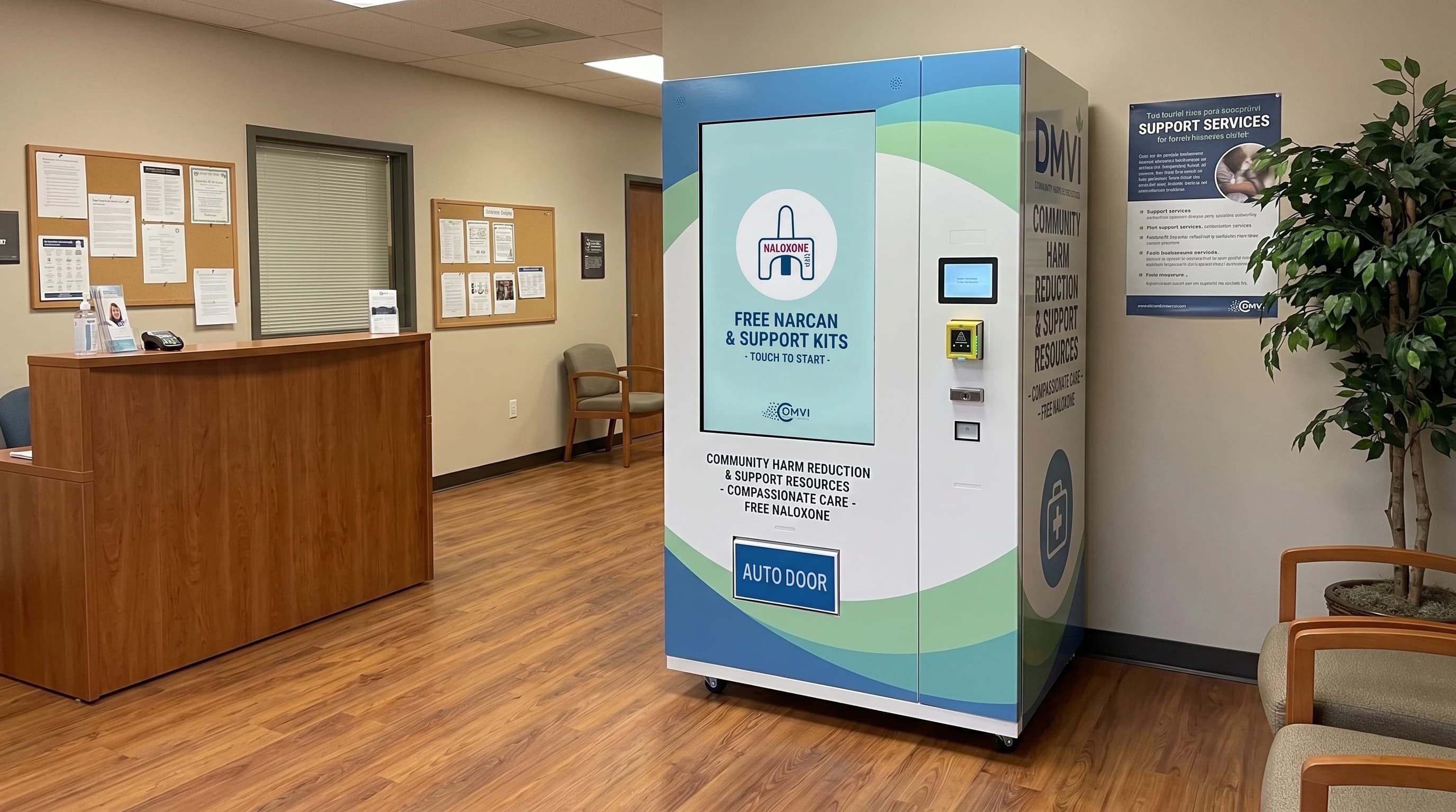 Harm reduction vending machine in a homeless shelter