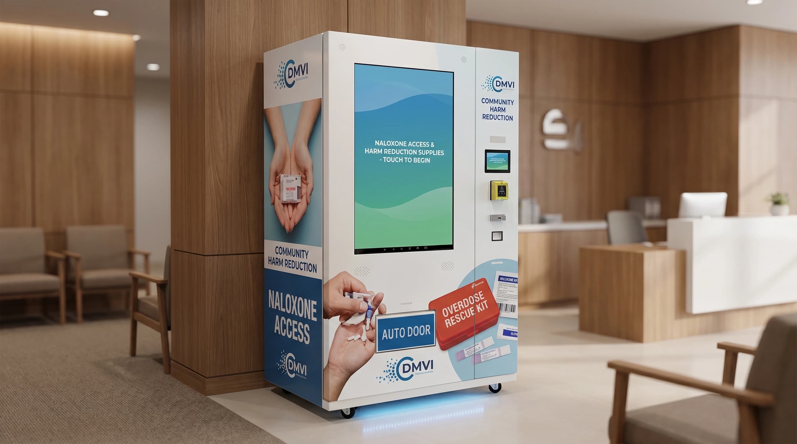 Harm reduction vending machine in a medical lobby