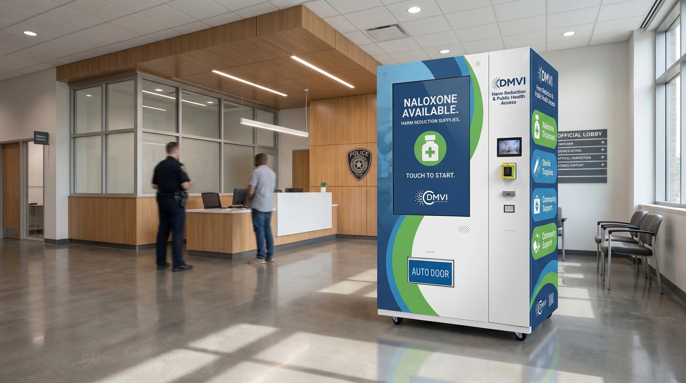 Harm reduction vending machine in a police station