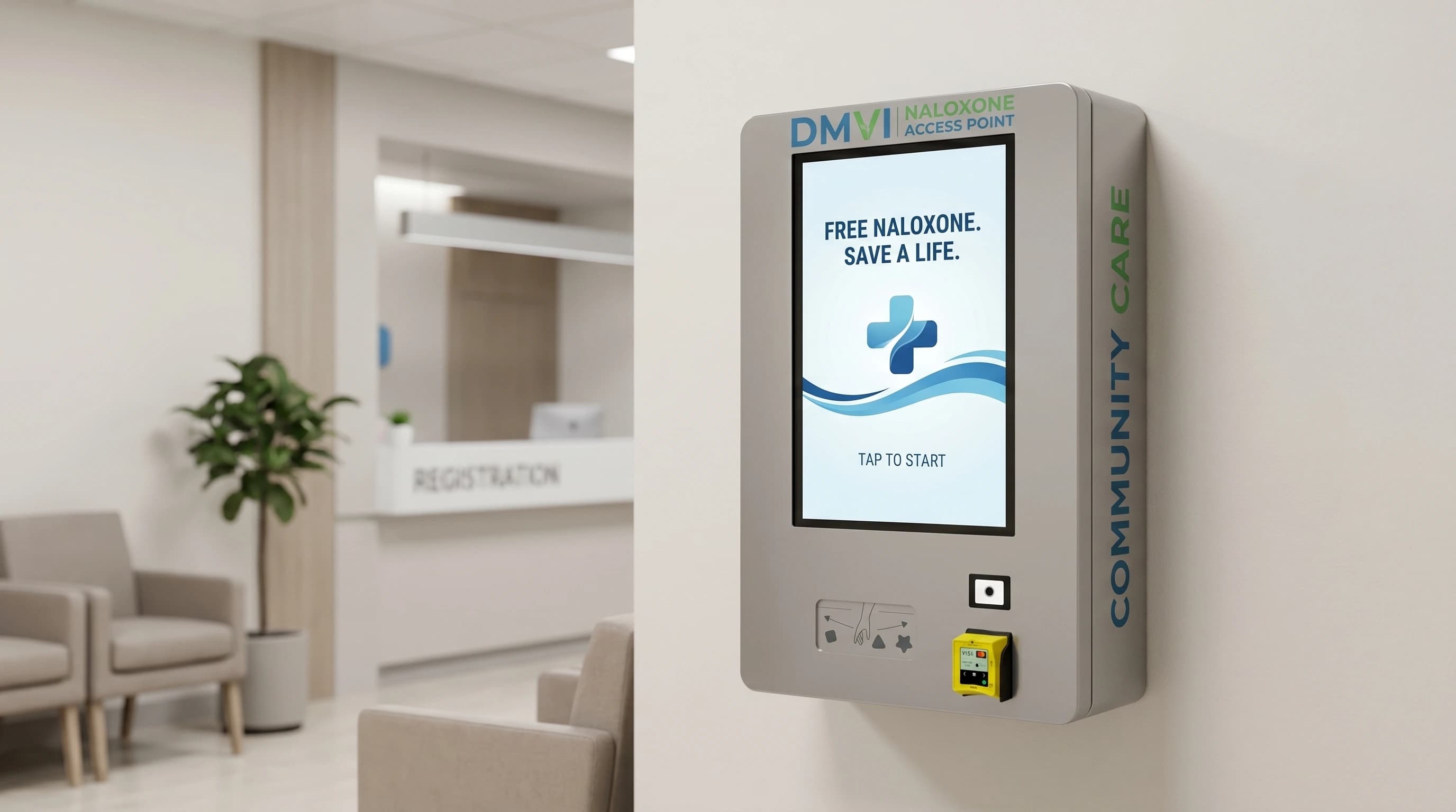 Narcan vending machine in a medical lobby