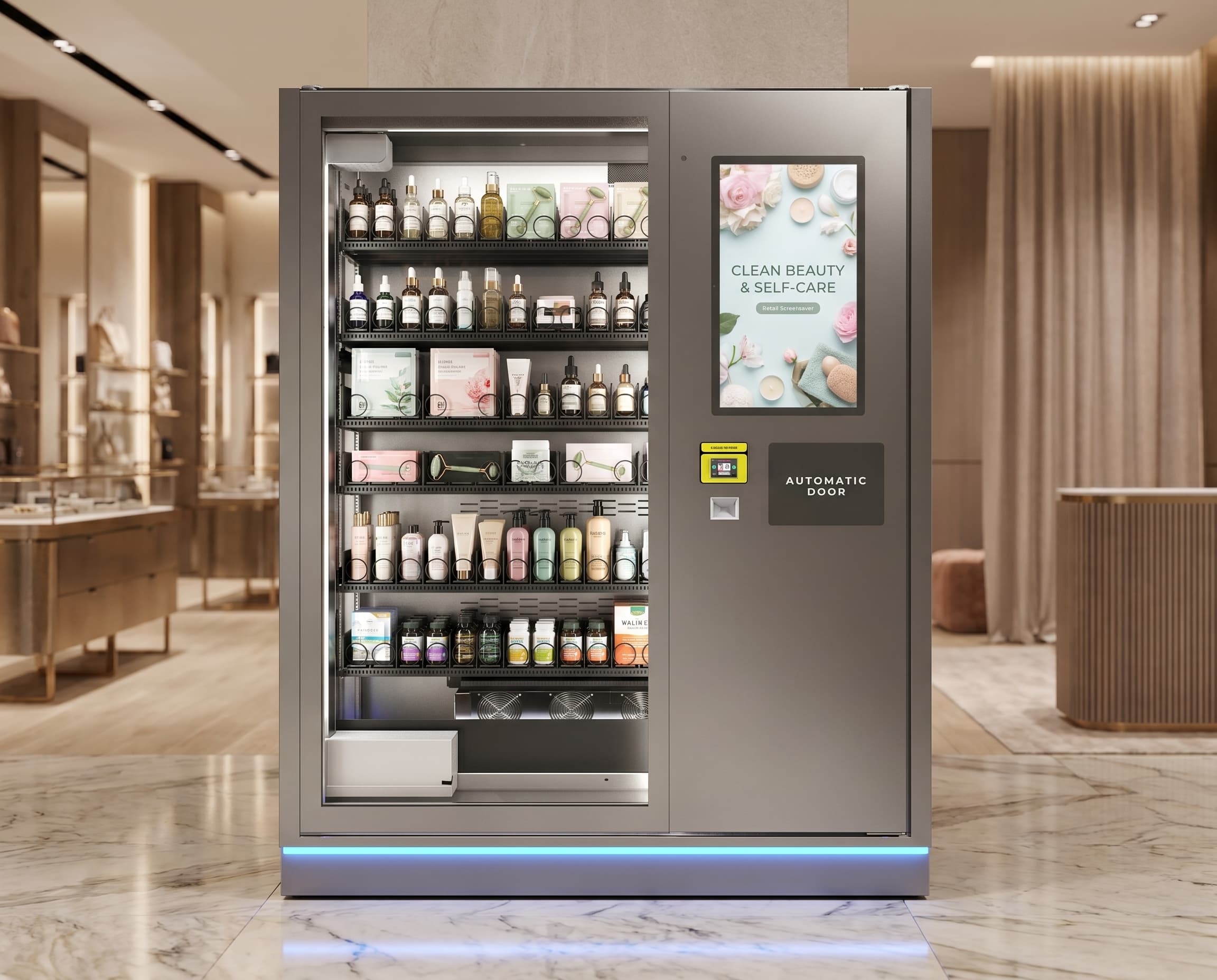 DMVI M1 digital vending machine in a premium beauty retail setting