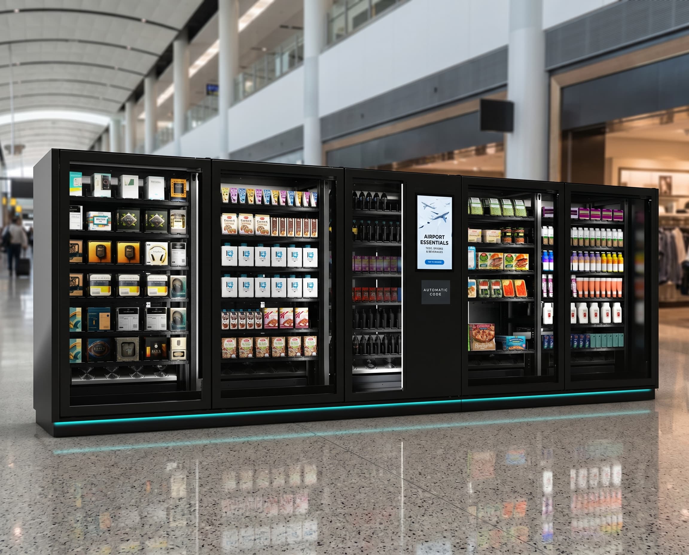 DMVI M5 multi-bay digital vending machine in an airport retail zone
