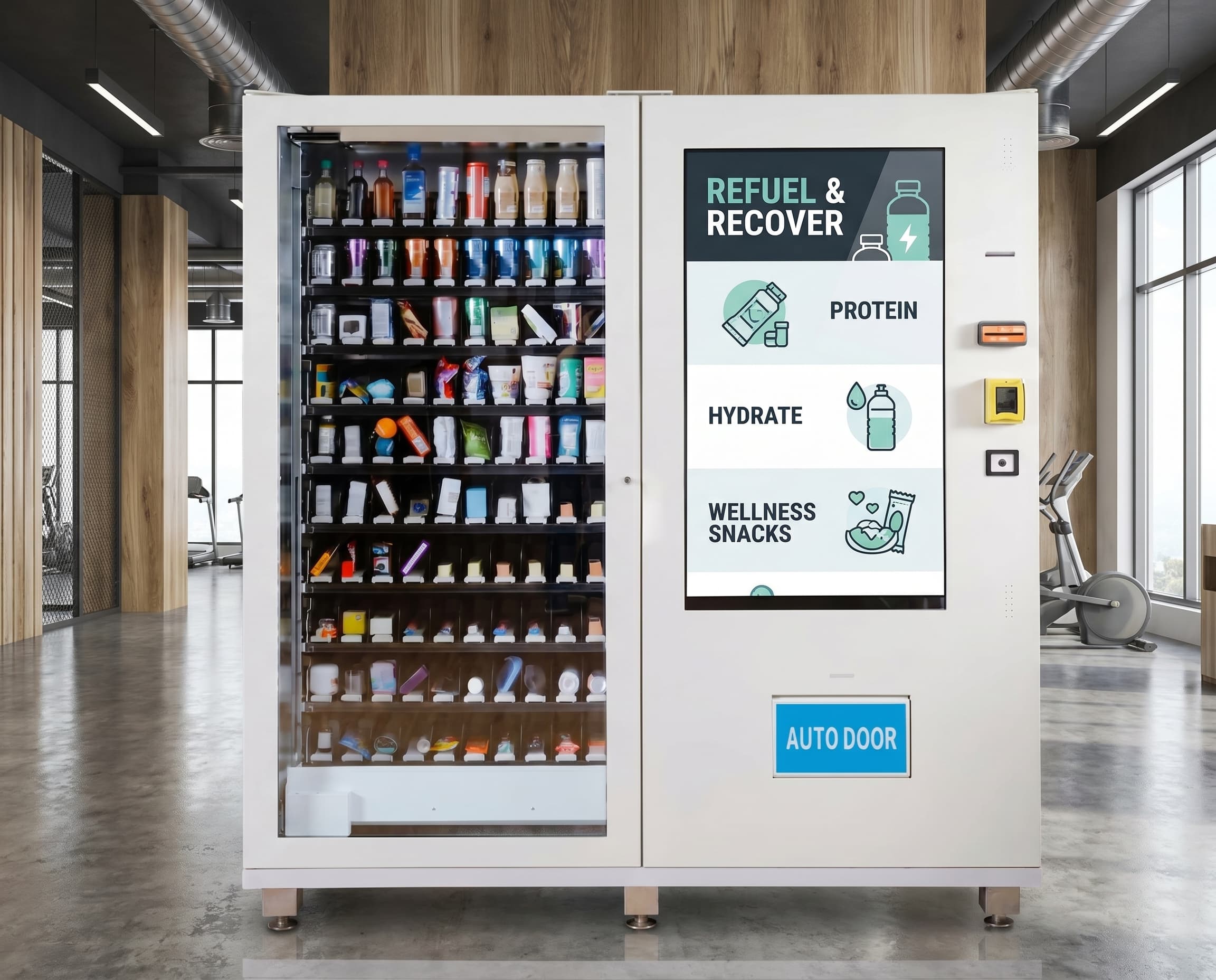 DMVI Option 16 digital vending machine in a premium fitness center lobby