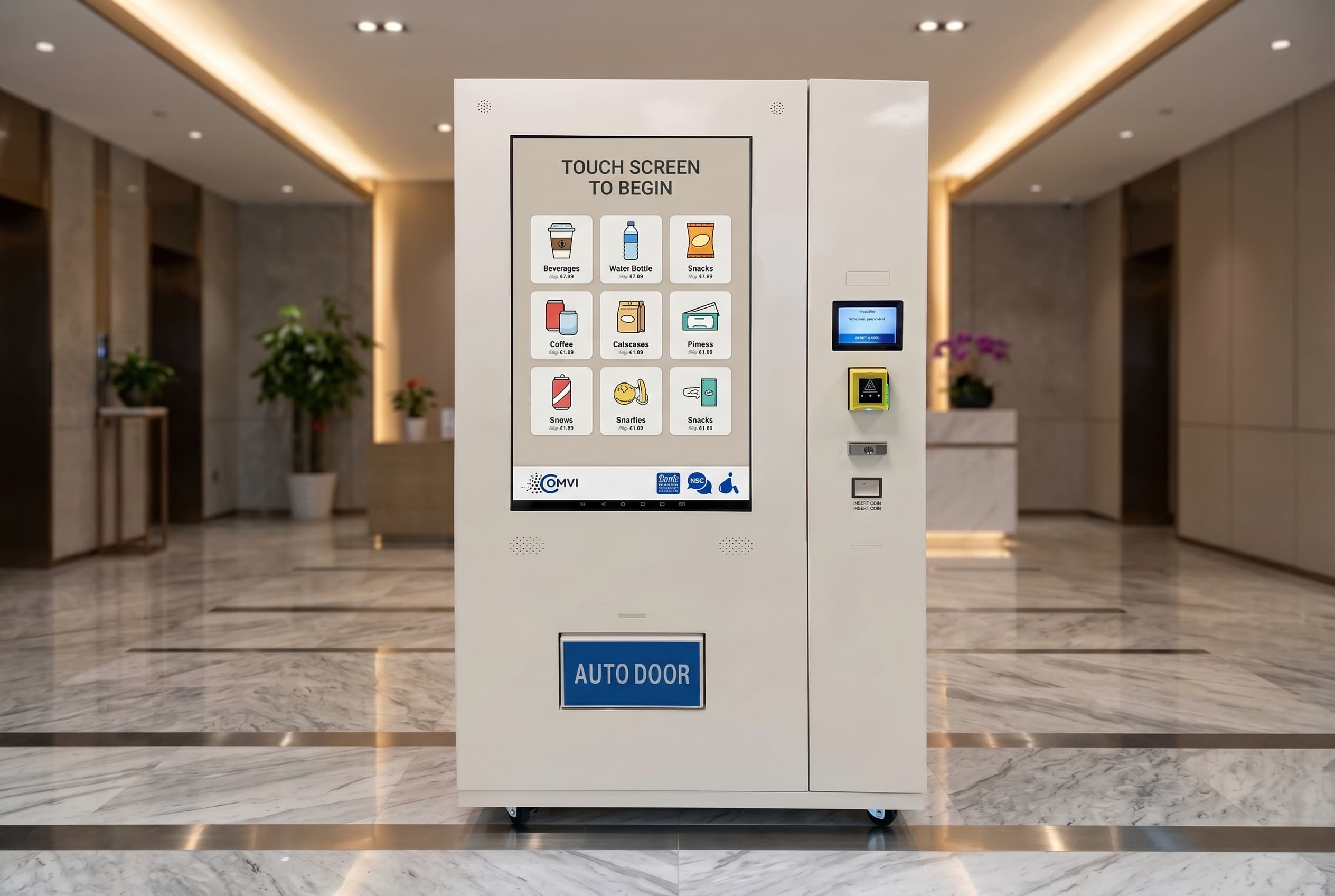 DMVI Option 4 touchscreen-only digital vending machine in a corporate office lobby