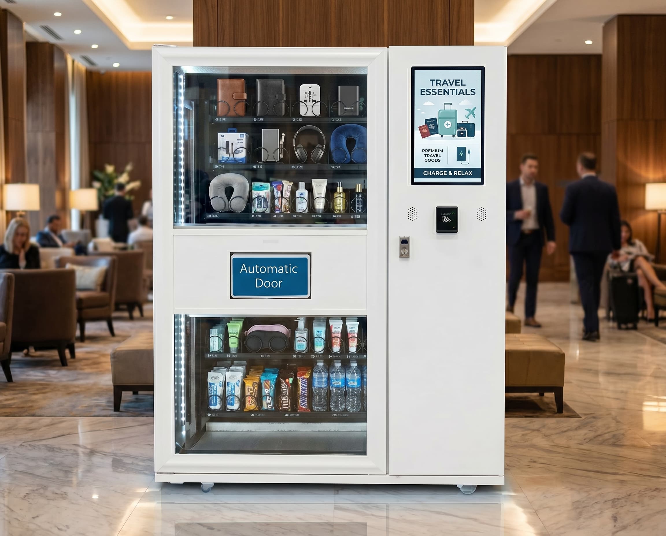 DMVI Option 7 digital vending machine in a hotel lobby travel-retail setting