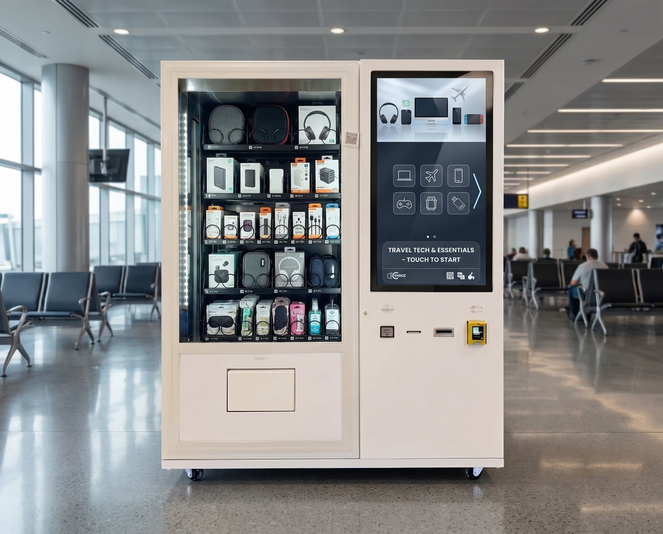 DMVI Option 8 digital vending machine in an airport concourse