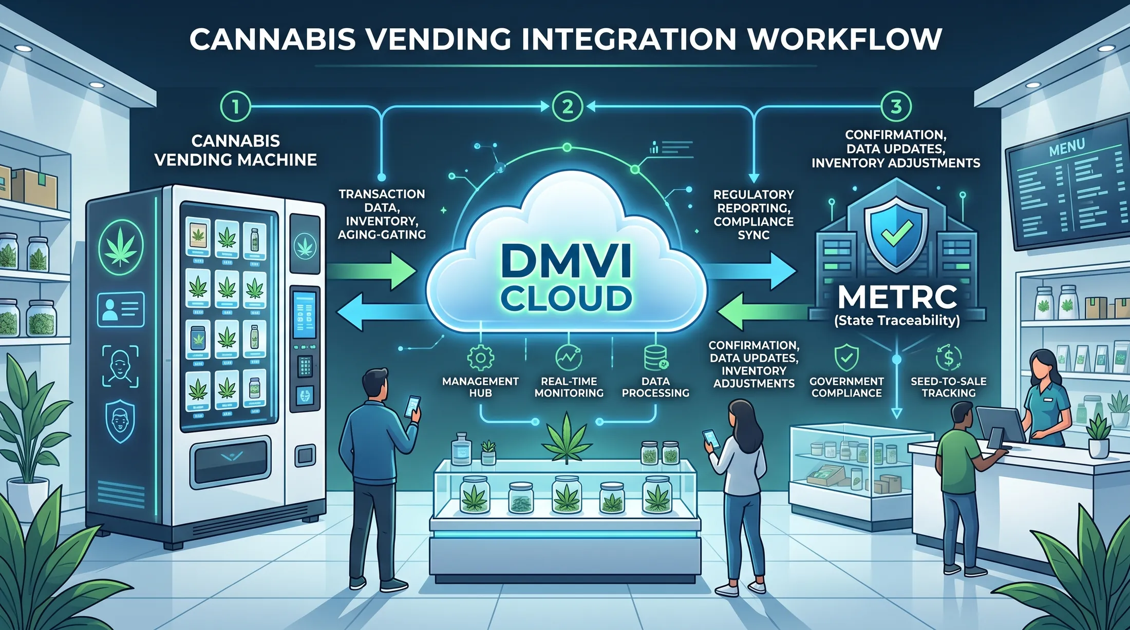 Diagram showing how DMVI vending machines fit into an existing Metrc reporting workflow