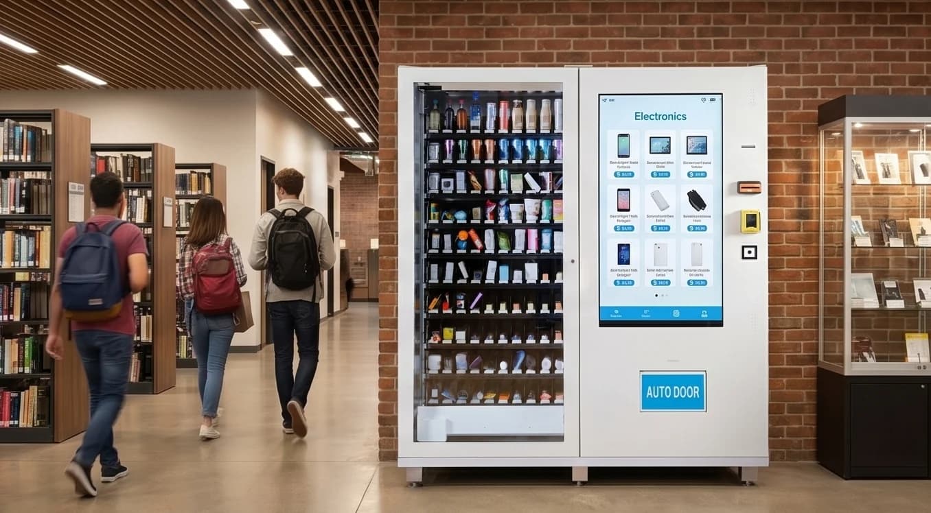Electronics vending machine in a campus technology building