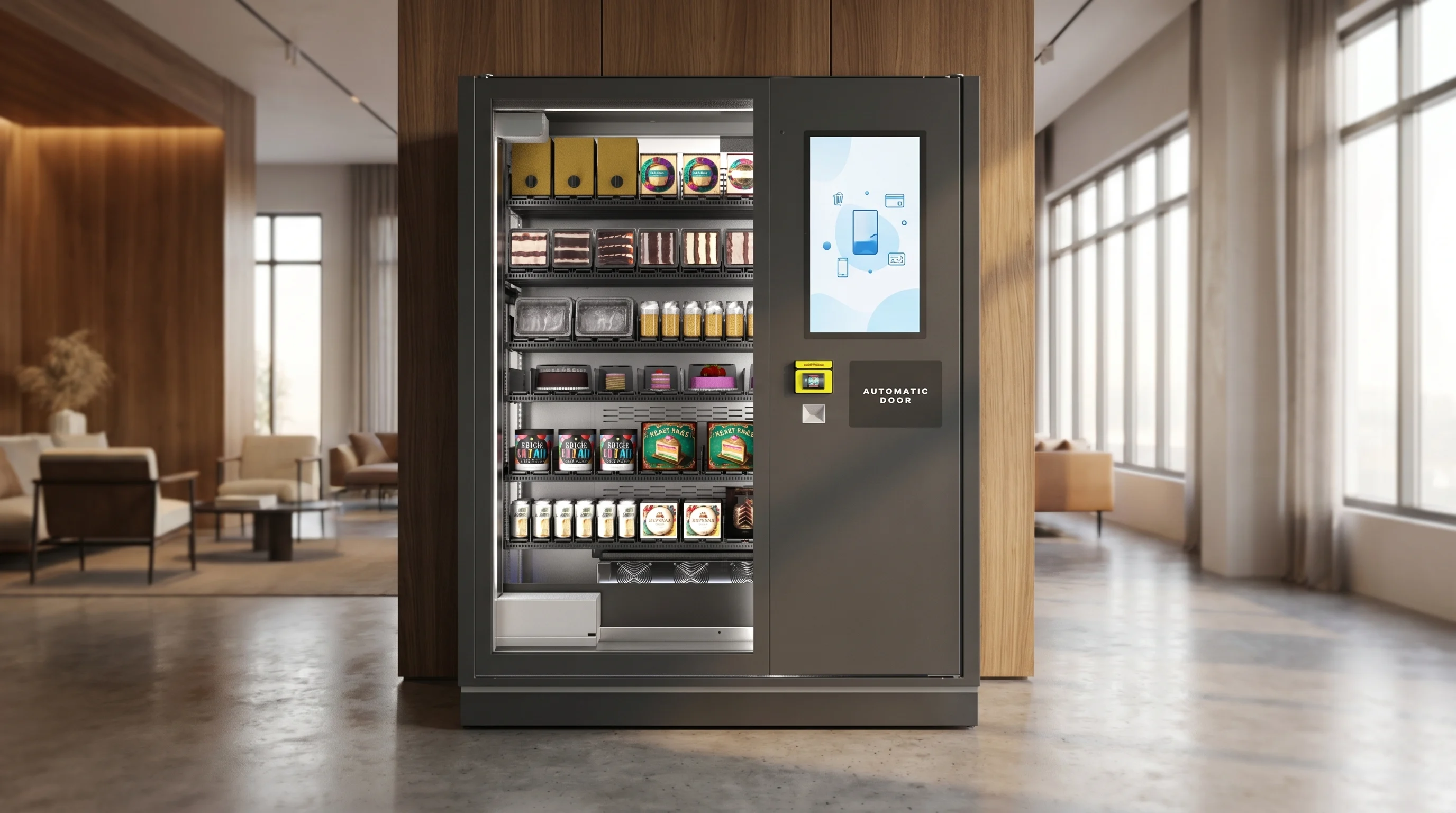 Touchscreen digital vending machine in a modern retail lobby