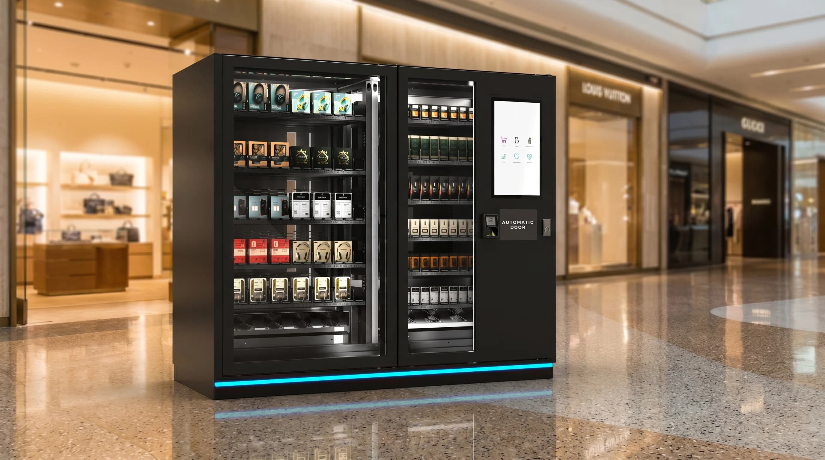 Smart vending machine display inside a premium commercial interior