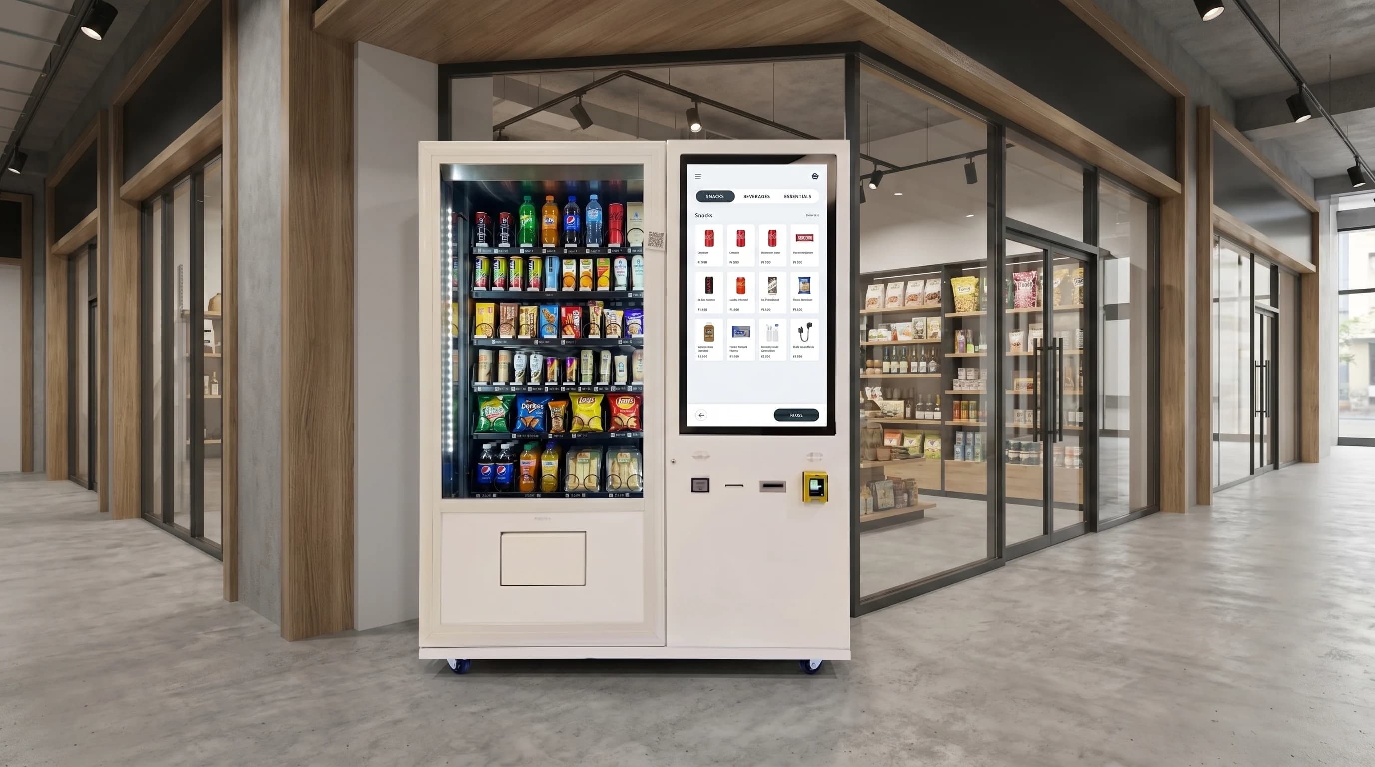 Modern smart vending machine in a polished commercial setting