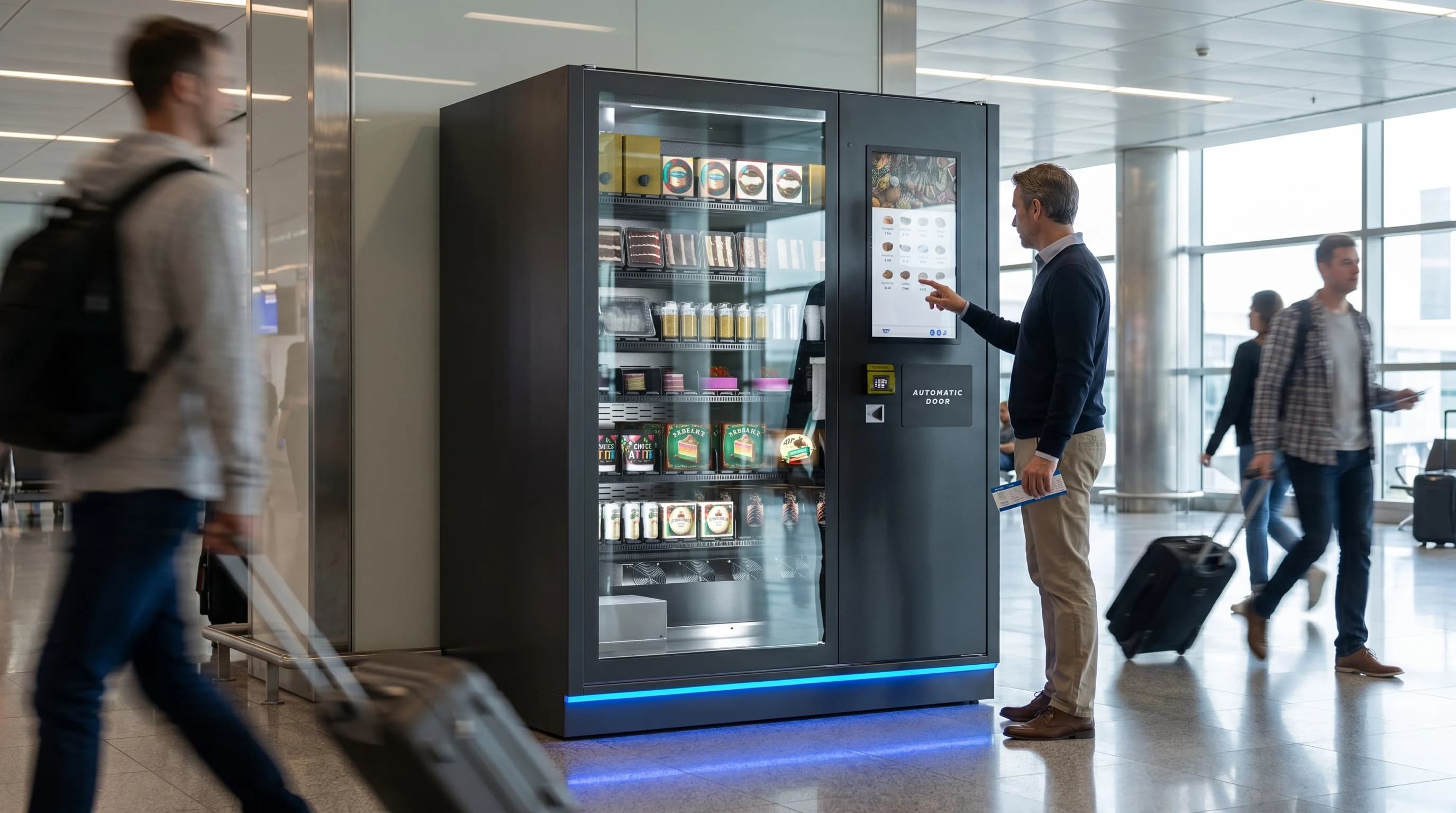 Touchscreen vending machine with illuminated merchandising shelves