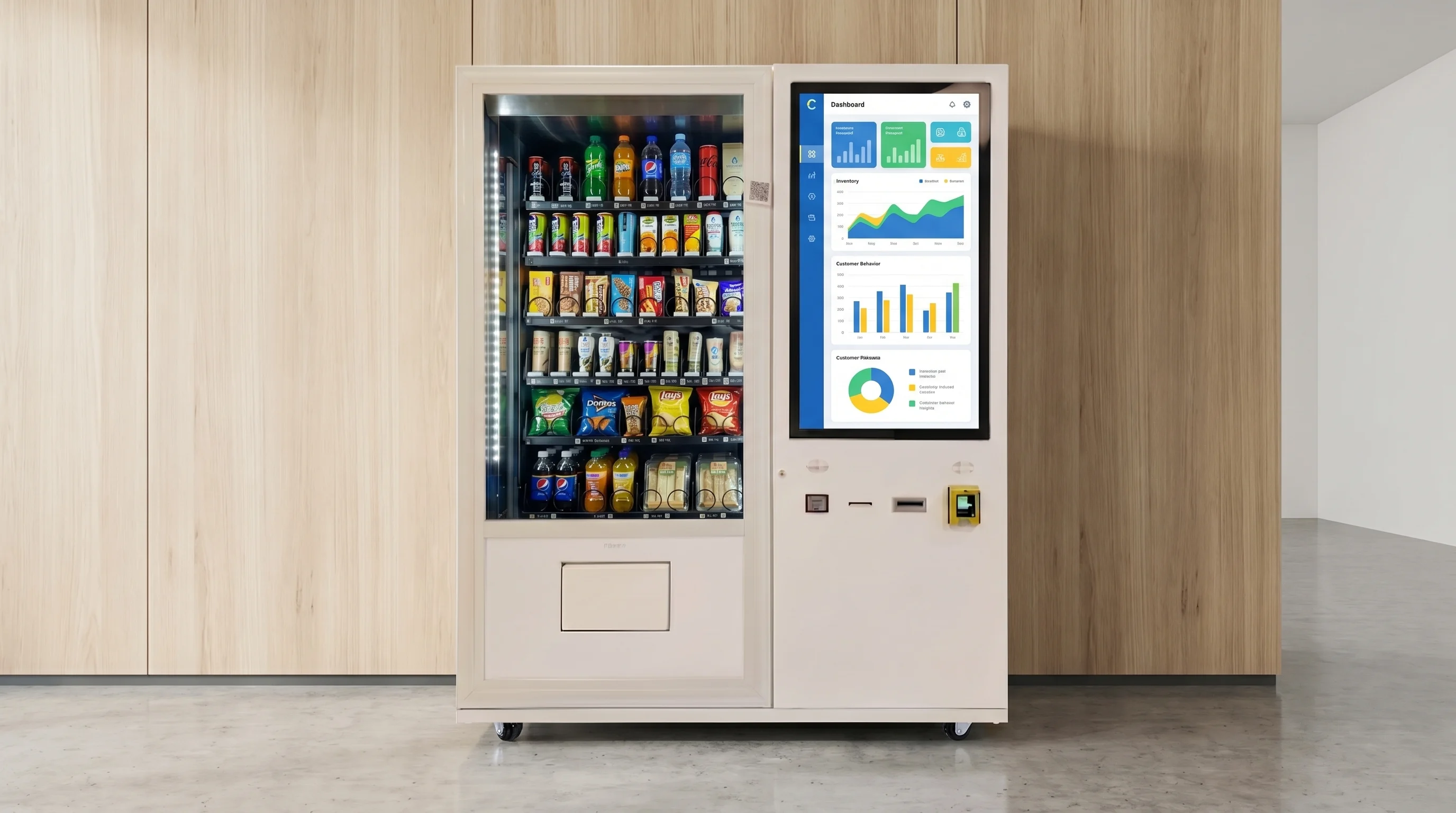 Digital vending machine with touchscreen menu and retail analytics styling