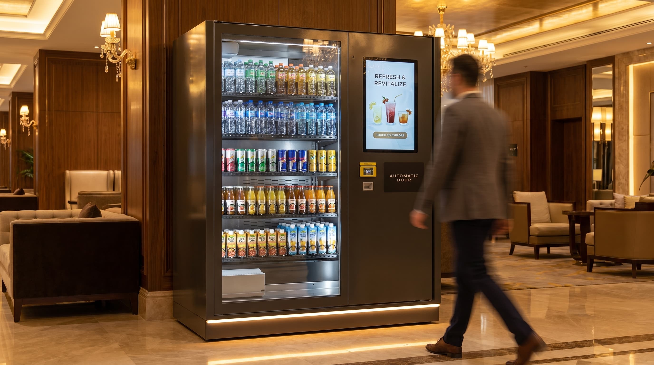 DMVI M1 drink vending machine in a hotel lobby render variation 1