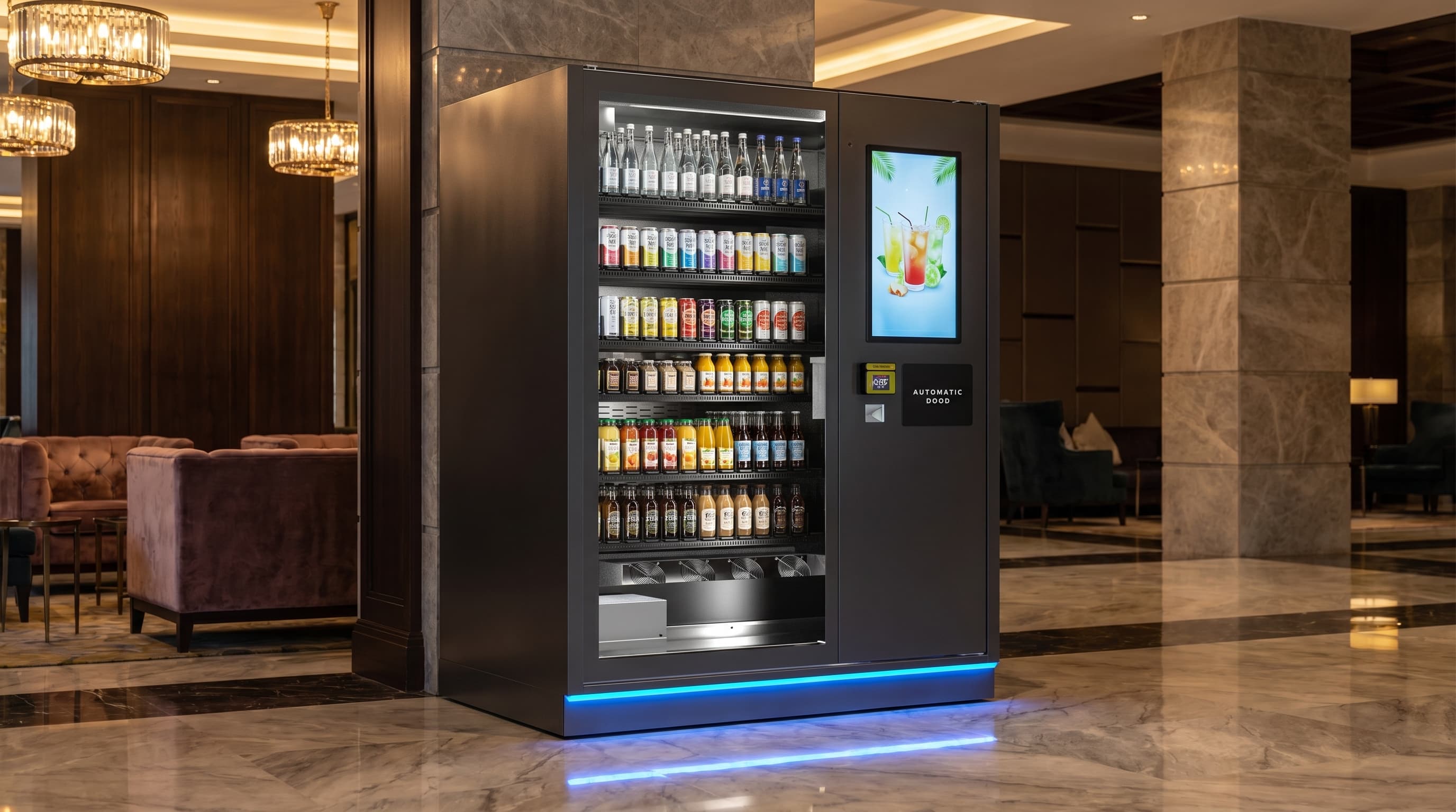 DMVI M1 drink vending machine in a hotel lobby render variation 2