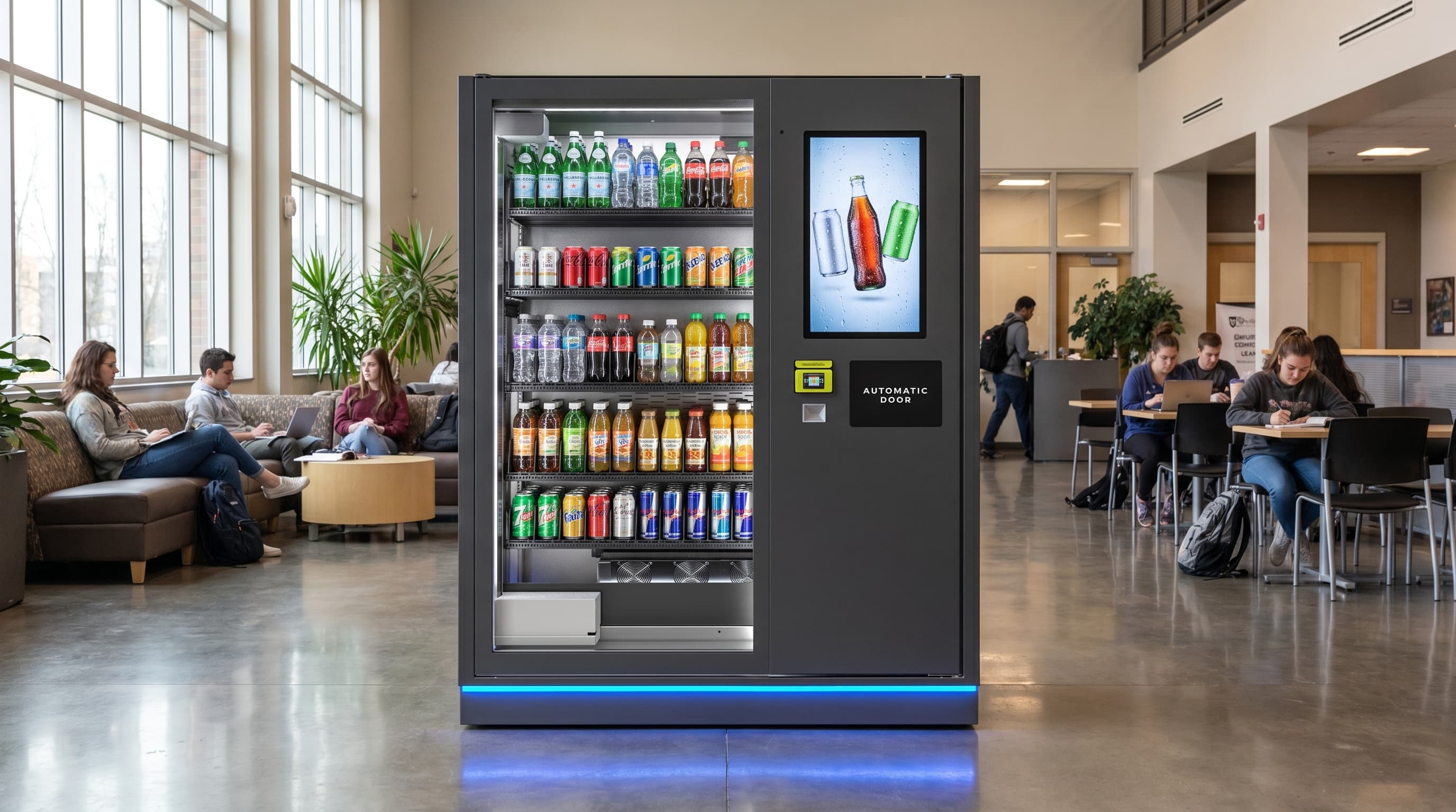 DMVI M1 drink vending machine in a school commons render variation 1