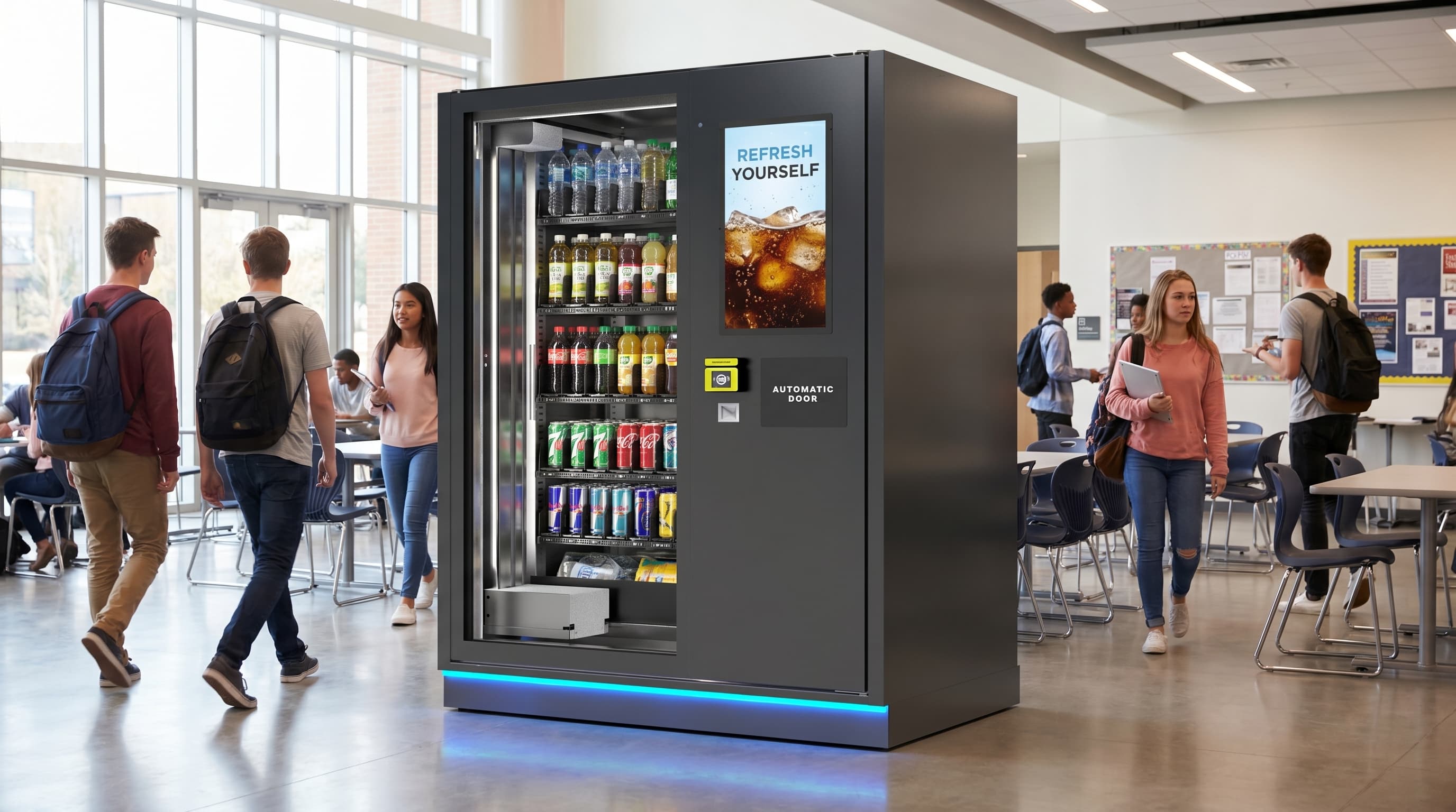 DMVI M1 drink vending machine in a school commons render variation 2