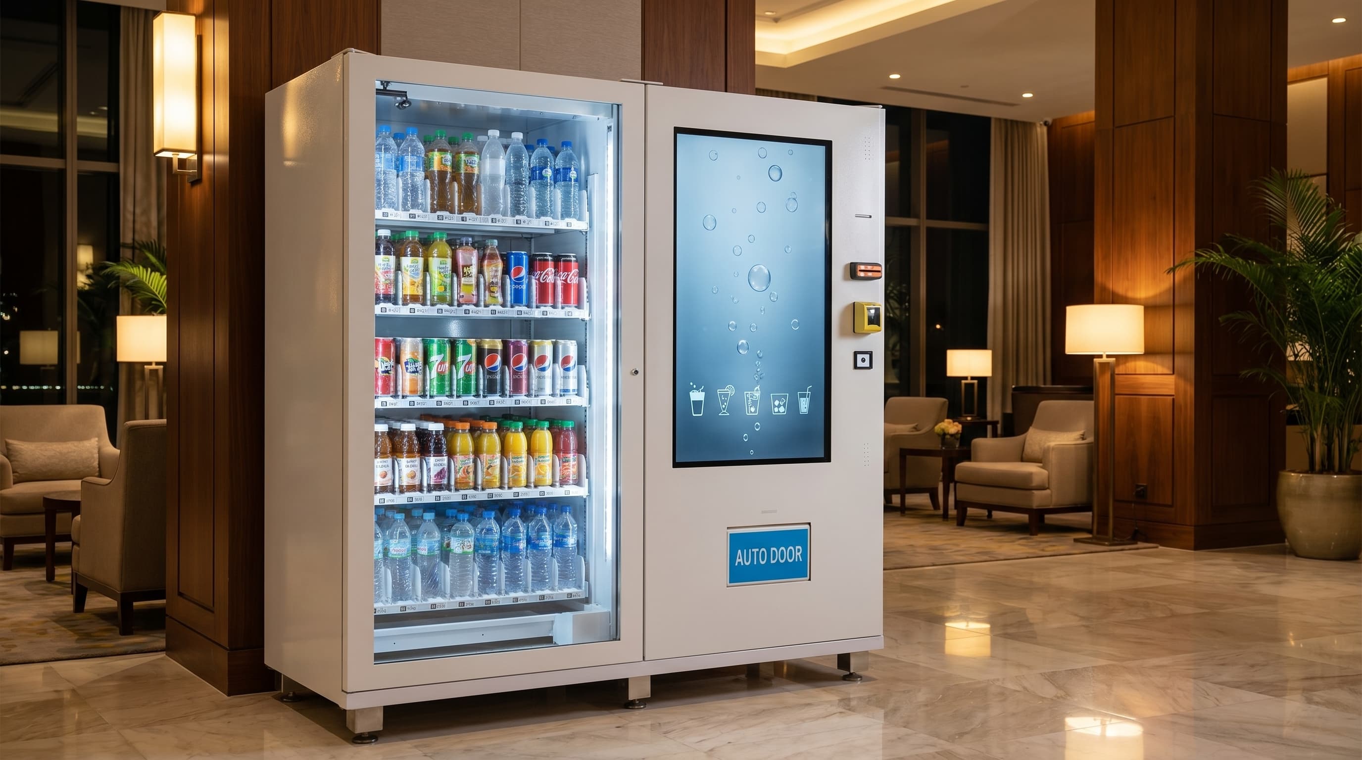 DMVI Option 16 drink vending machine in a hotel lobby render variation 1