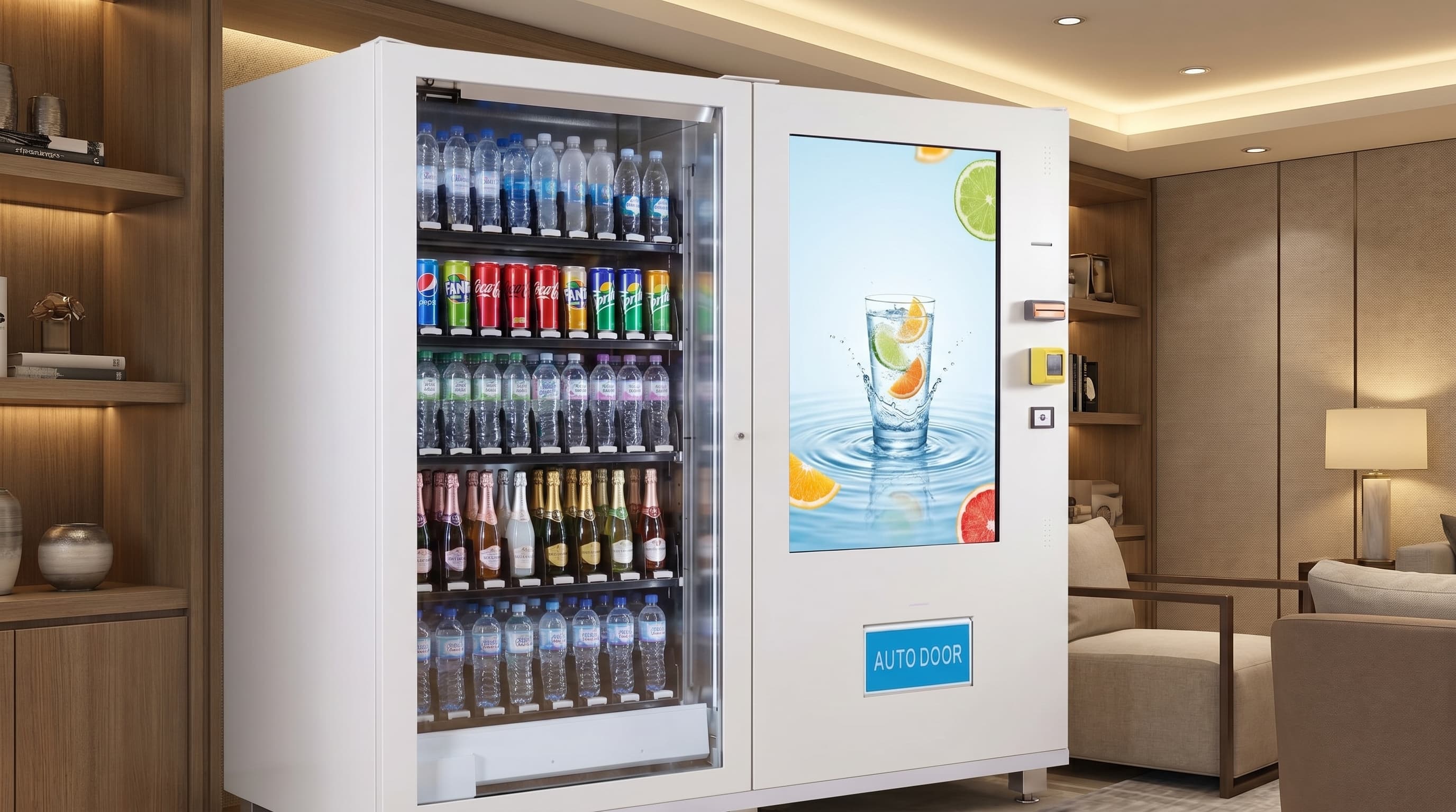 DMVI Option 16 drink vending machine in a hotel lobby render variation 2