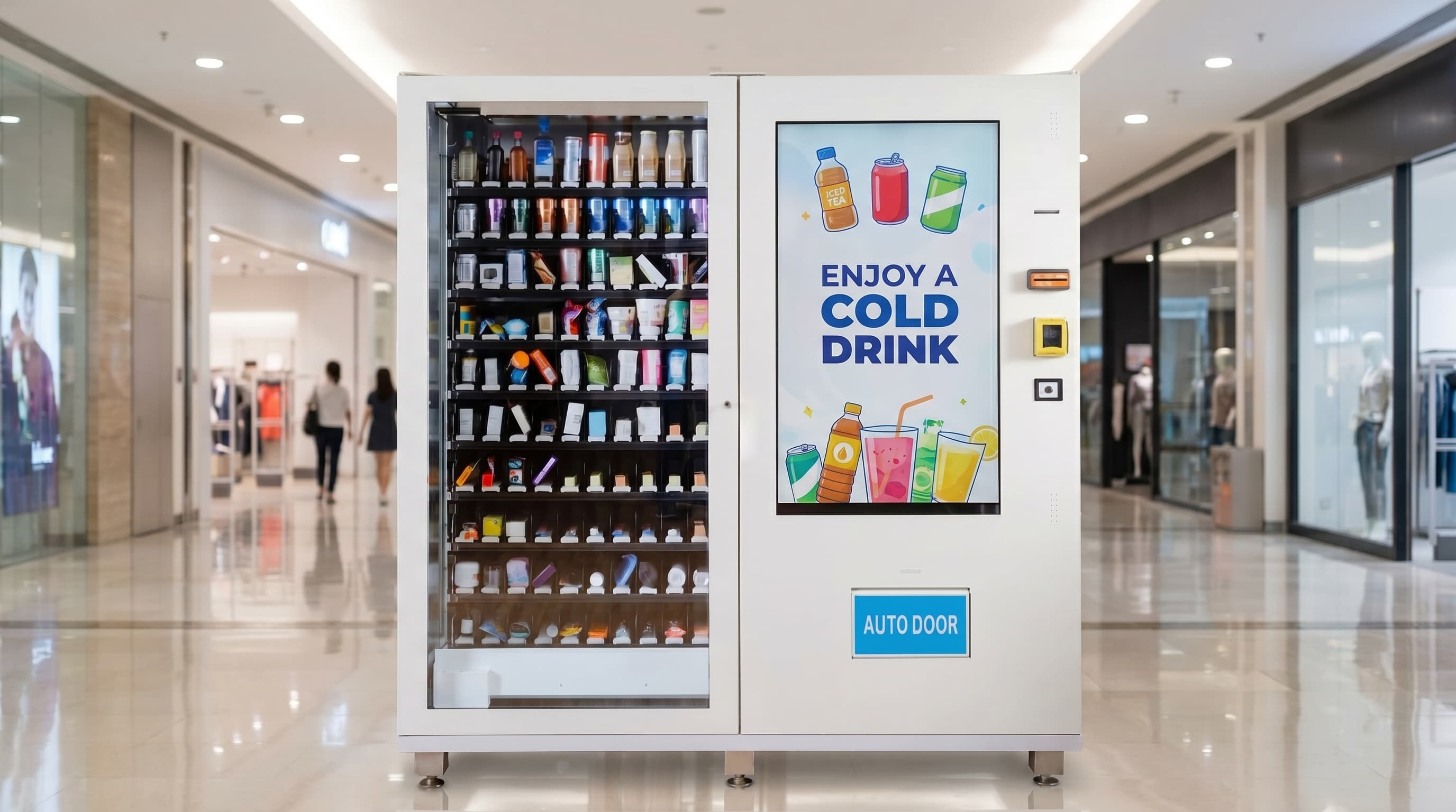 DMVI Option 16 drink vending machine in a mall concourse render variation 2