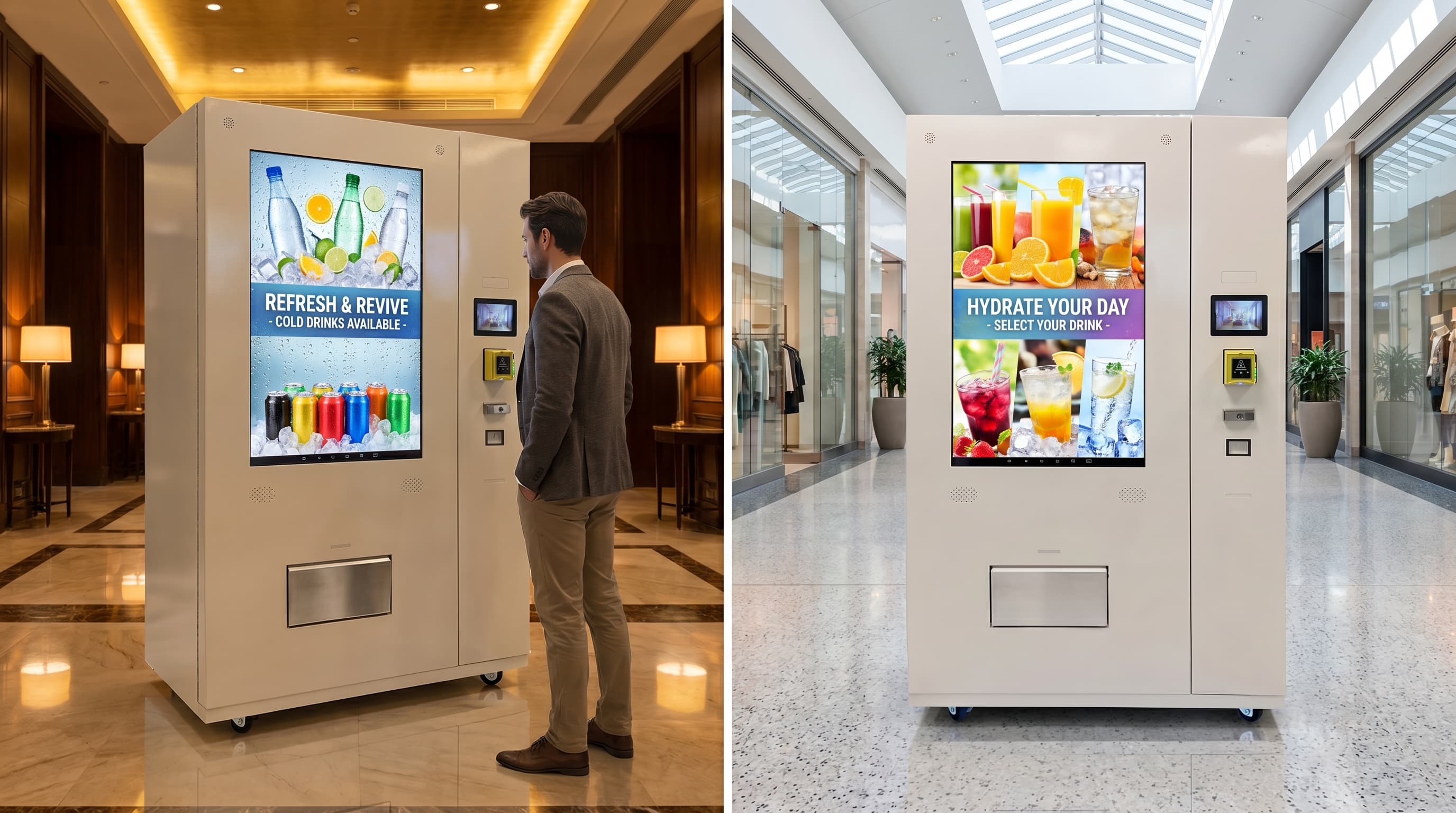 DMVI Option 4 drink vending machine composite render across hotel and mall environments