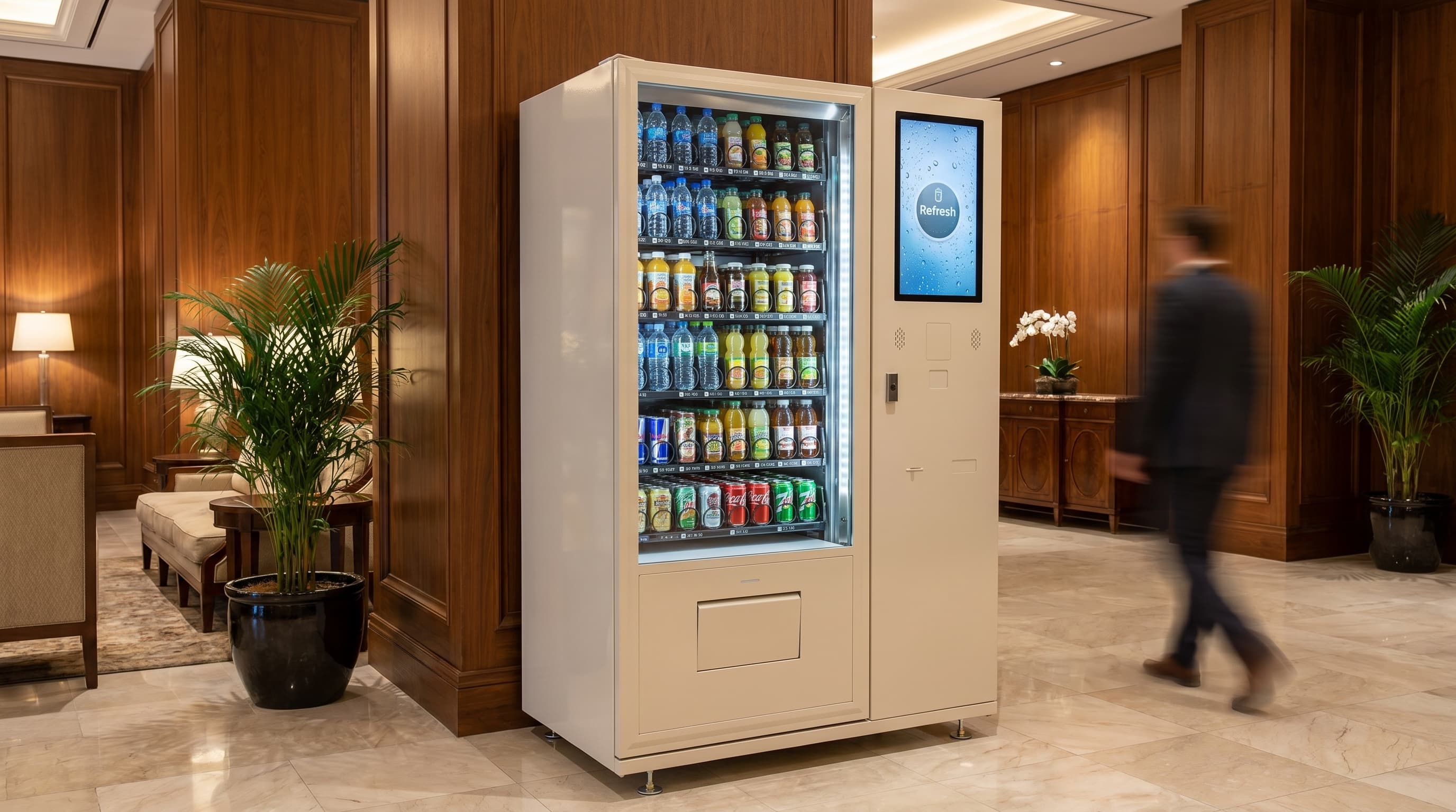 DMVI Option 6 drink vending machine in a hotel lobby