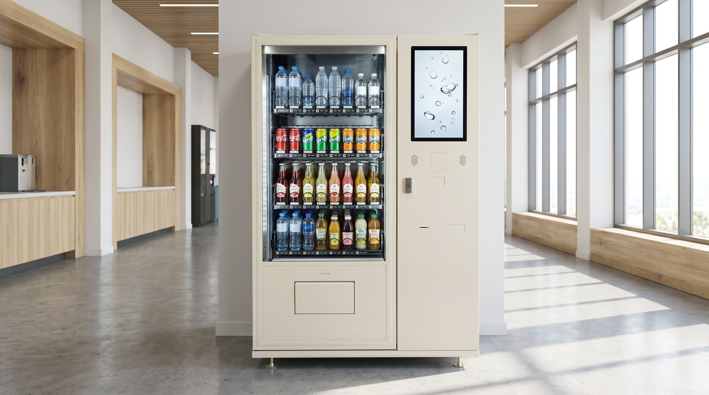 DMVI Option 6 drink vending machine in a school commons