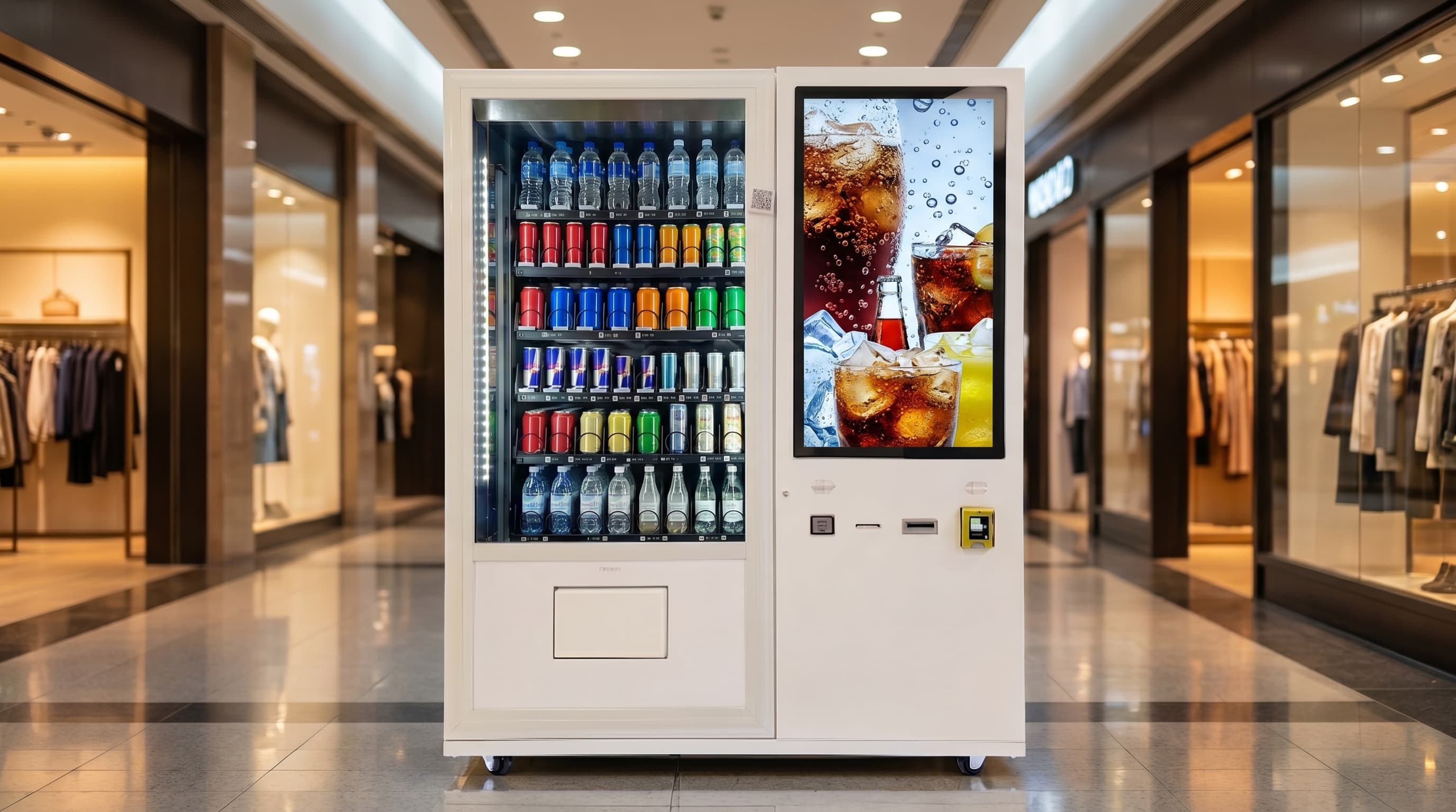 DMVI Option 8 drink vending machine in a mall concourse