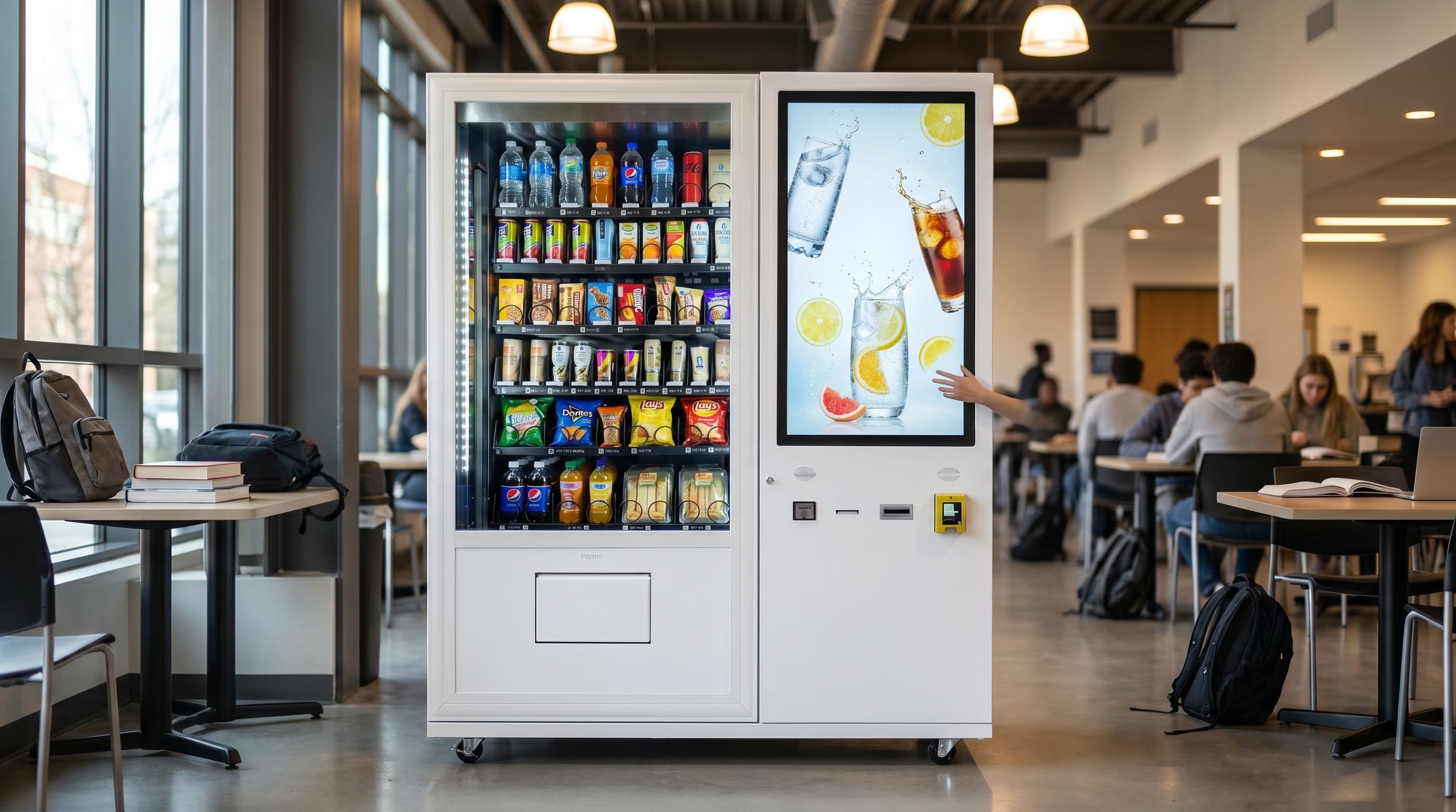 DMVI Option 8 drink vending machine in a school commons