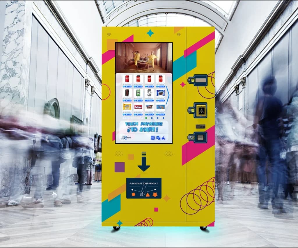 DMVI touchscreen retail cabinet in a bright public concourse