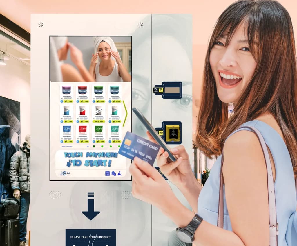DMVI touchscreen retail cabinet with shopper using mobile payment